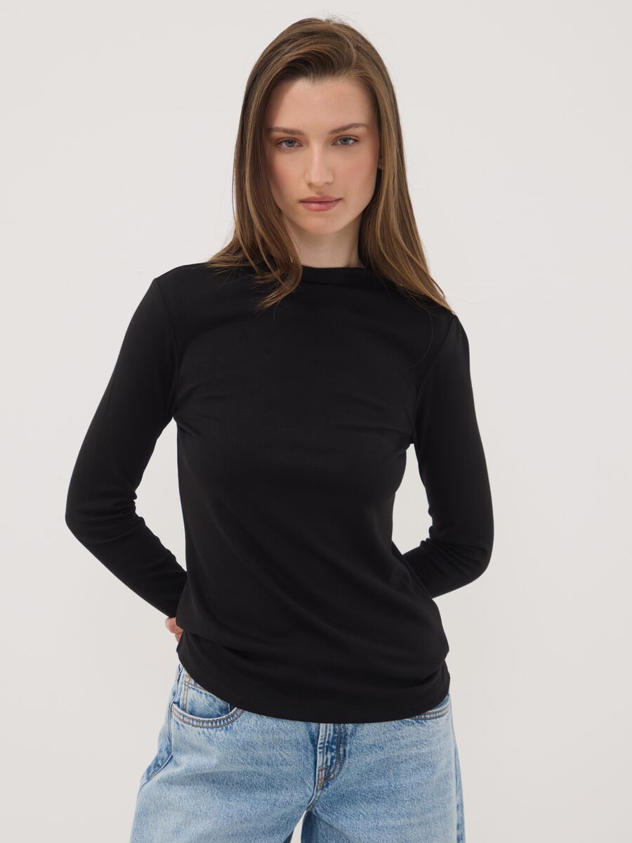 Black stretch viscose crew-neck T-shirt_0