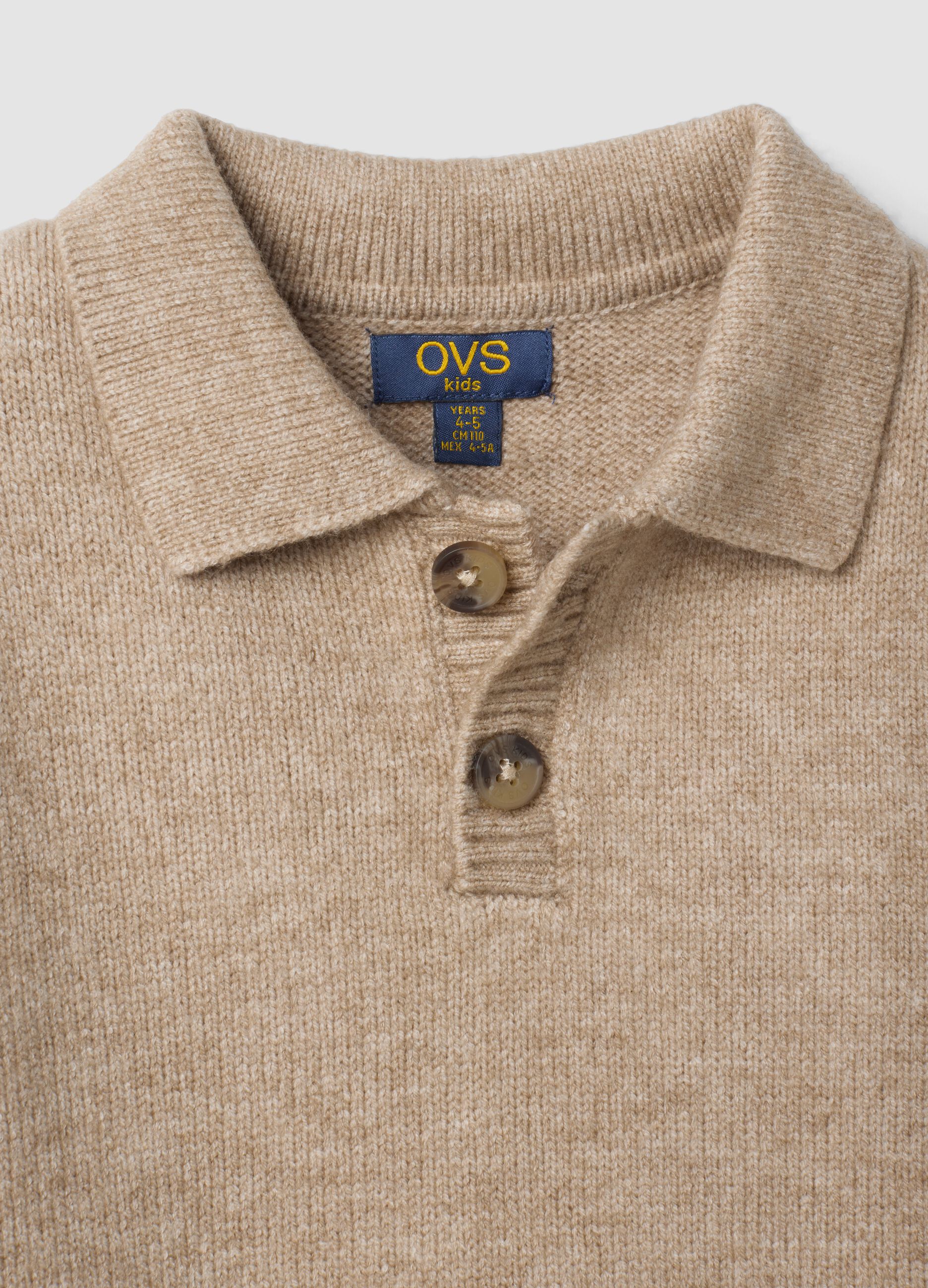 Beige regular-fit polo-collar jumper with ribbed trims