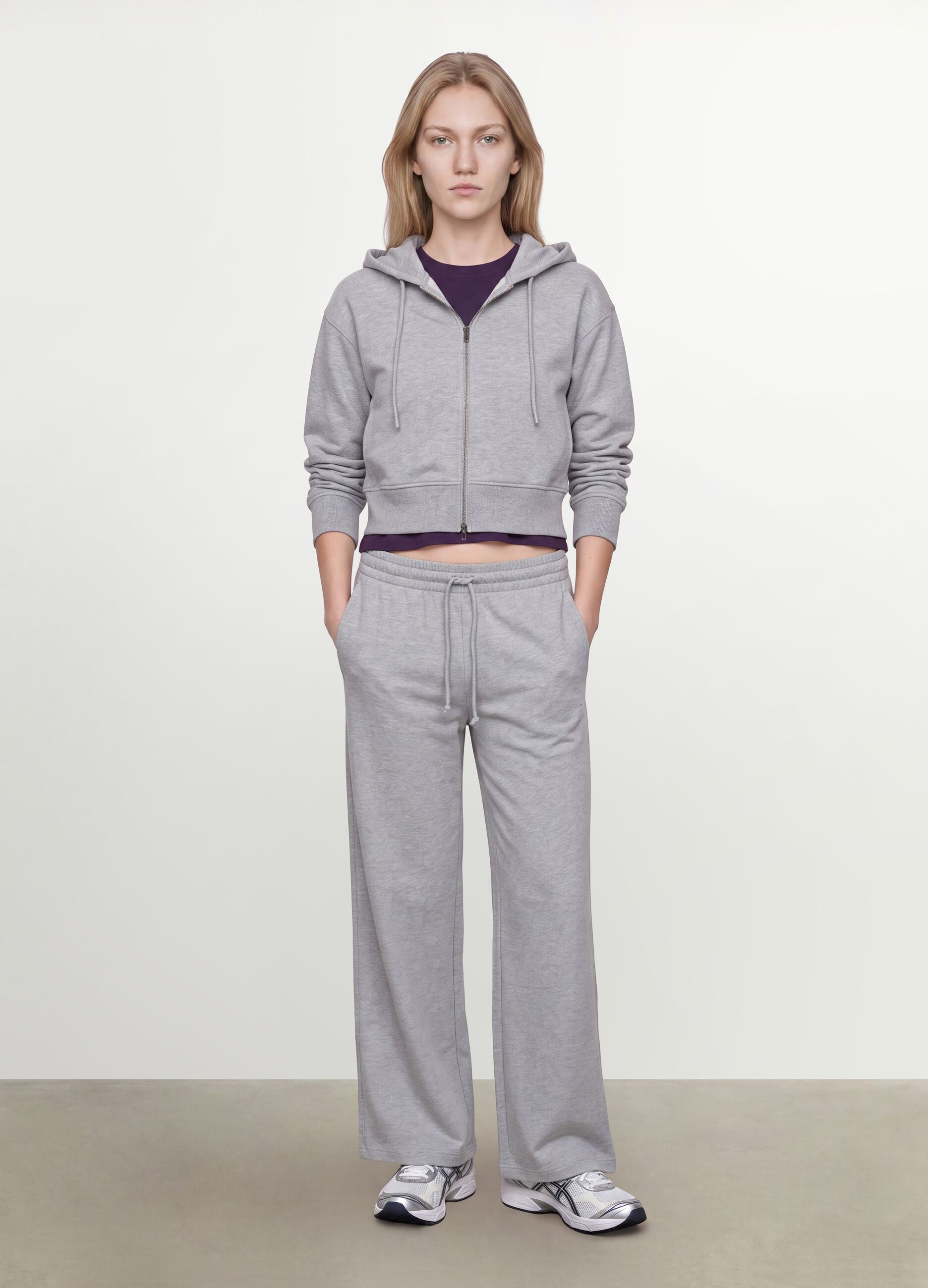 Grey full-zip cotton-blend hoodie, fitted cut