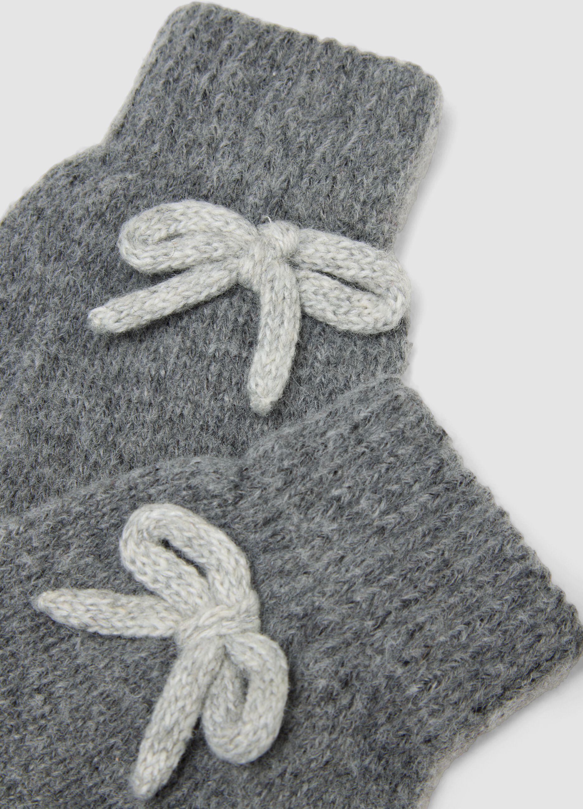 Grey wool-blend gloves with knitted bow detail
