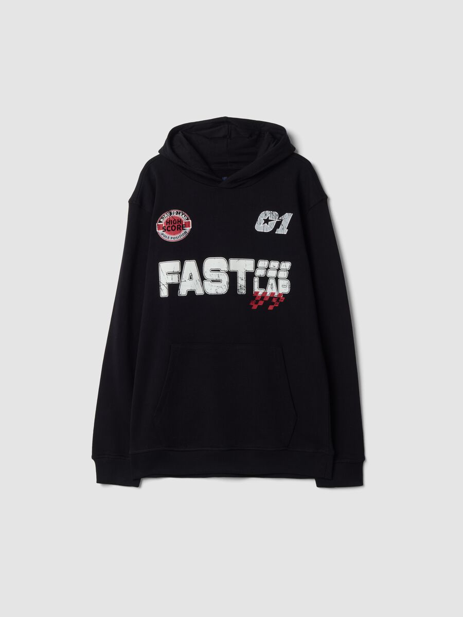 Black organic cotton hoodie with racing prints, relaxed fit_0