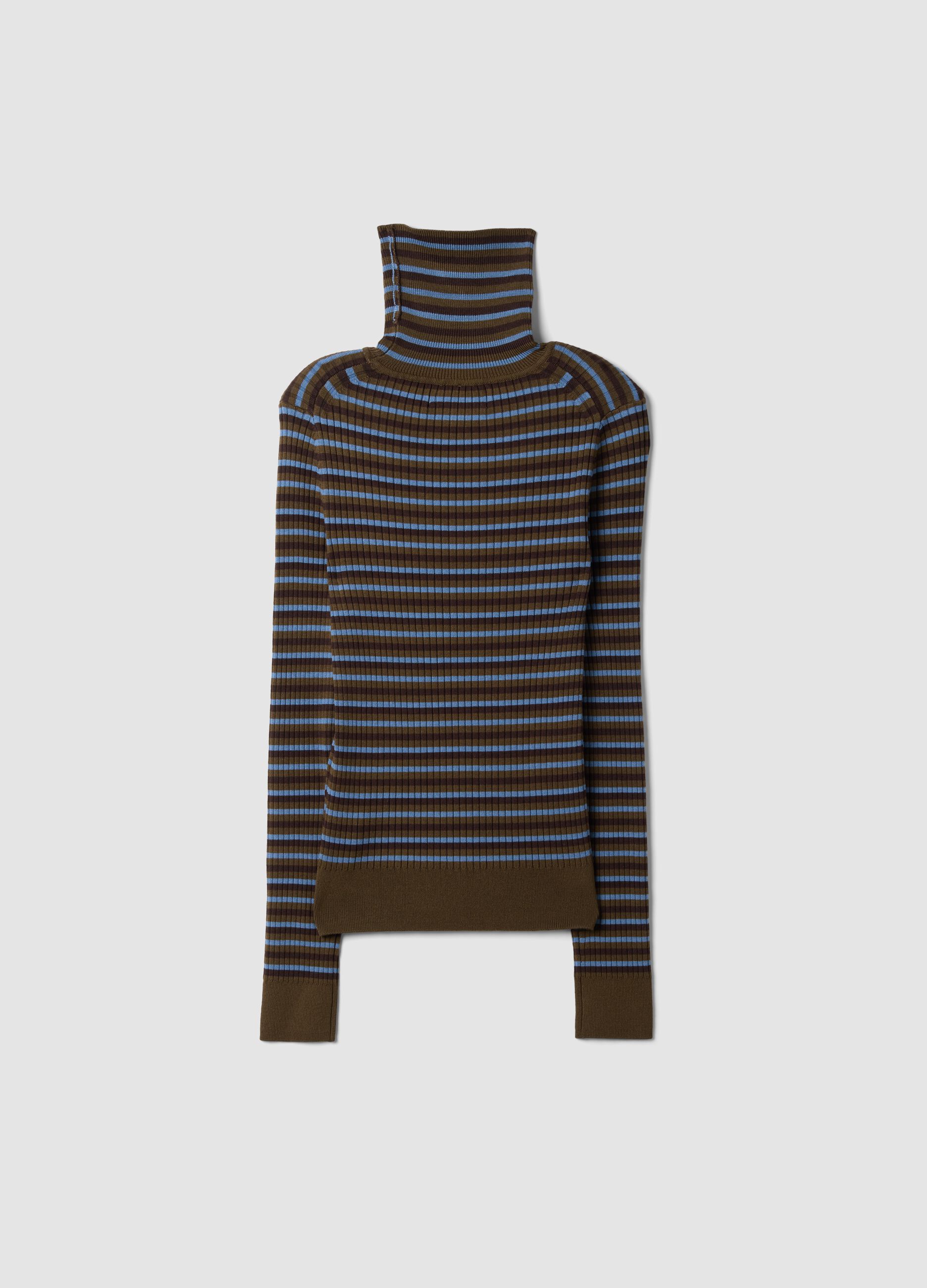 Brown striped fitted crew-neck jumper in viscose blend