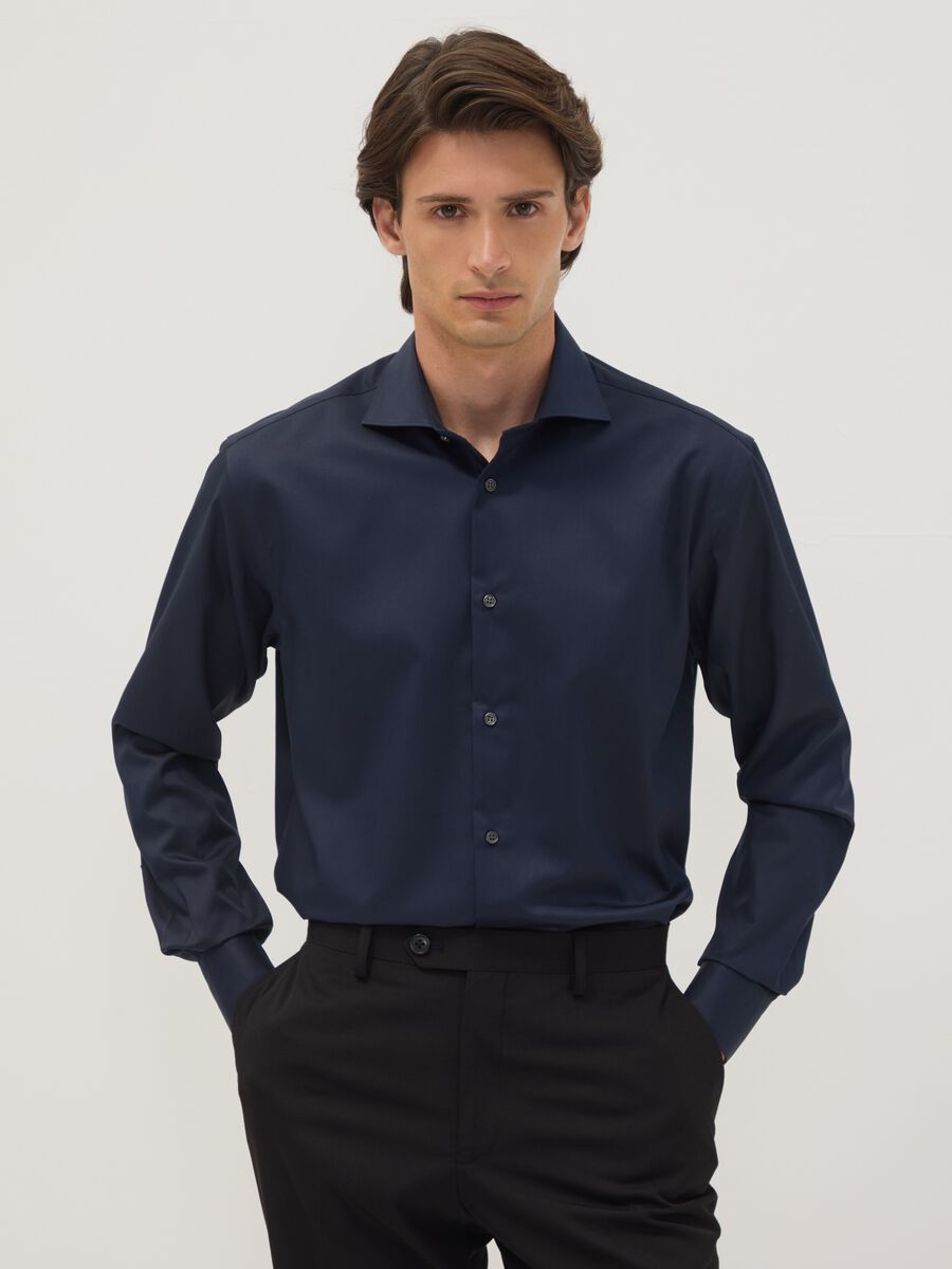 Blue pure cotton shirt with classic collar, regular fit, non-iron_0