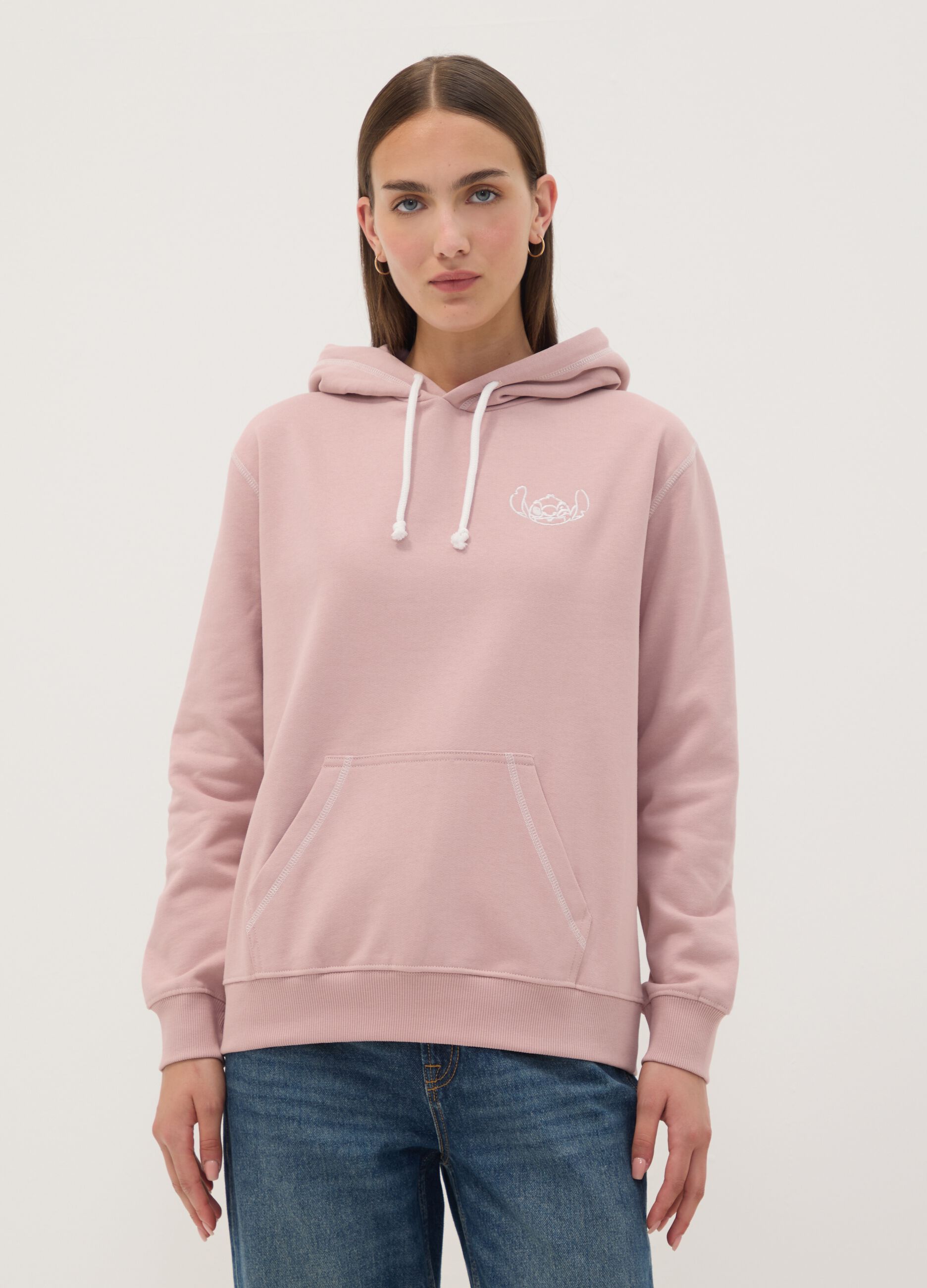 Pink hooded sweatshirt in pure cotton with Lilo & Stitch print