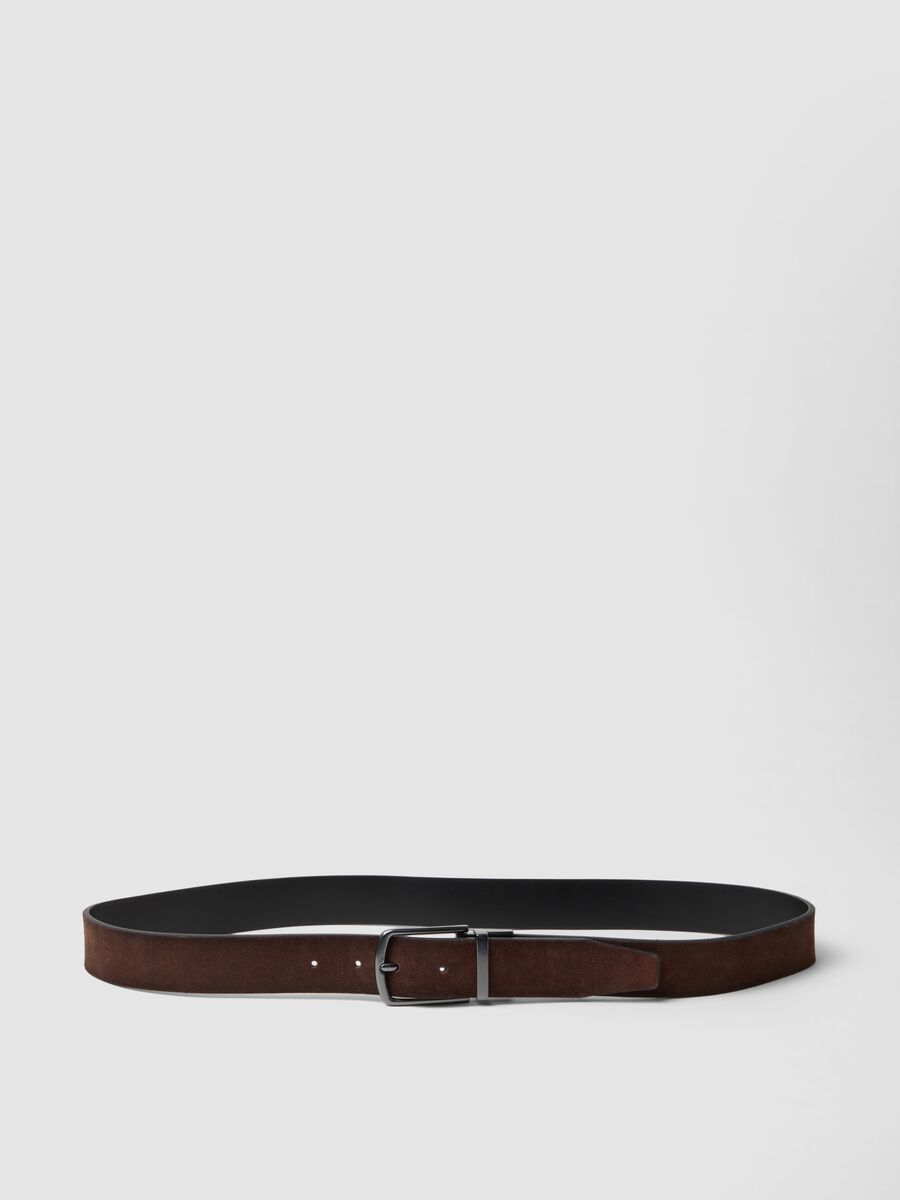 Reversible brown genuine leather belt with metal buckle_0