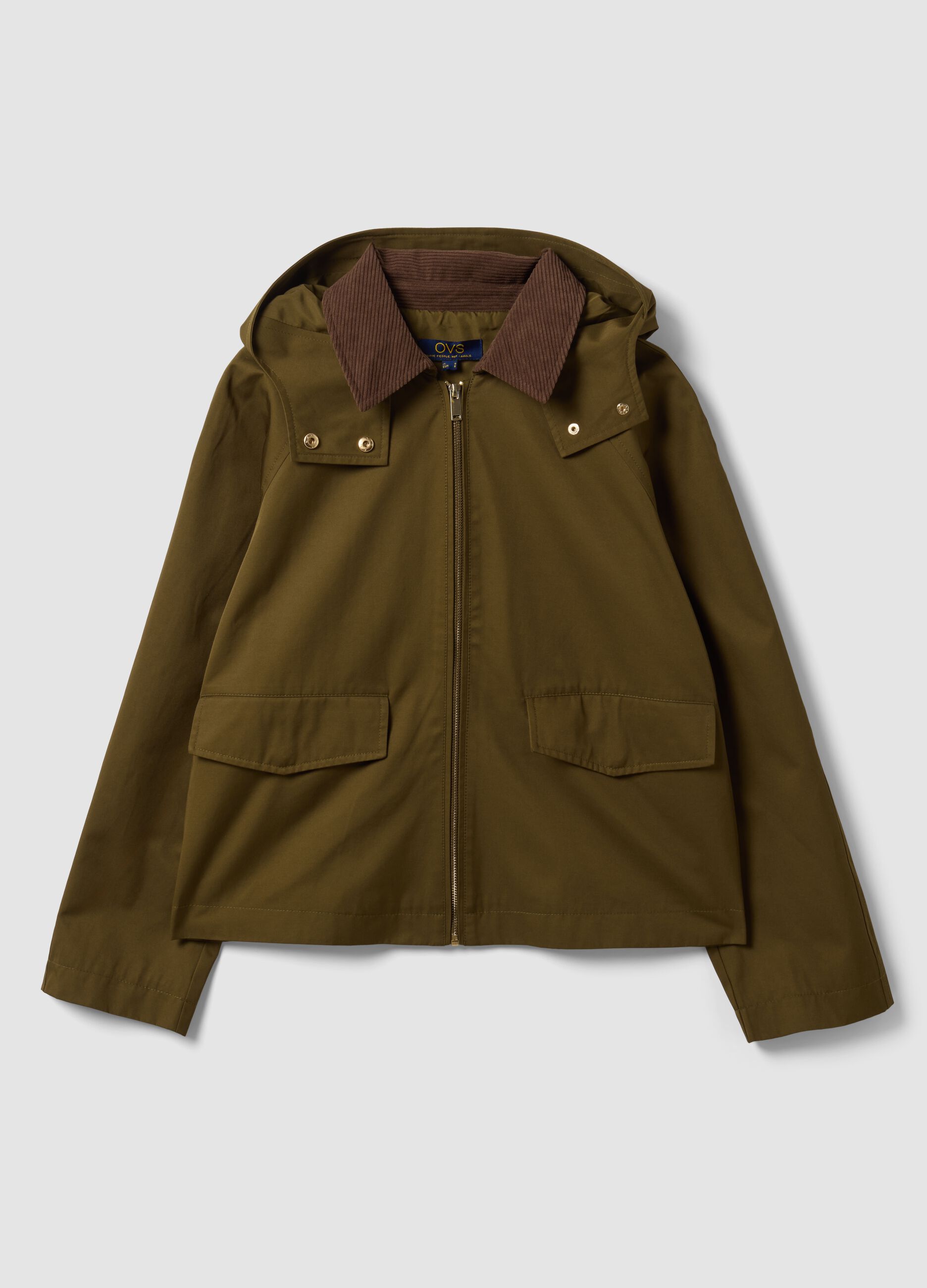 Green cotton-blend parka jacket with hood and ribbed collar