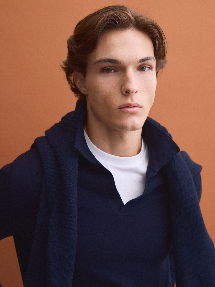 Blue long-sleeve pure cotton polo shirt_0