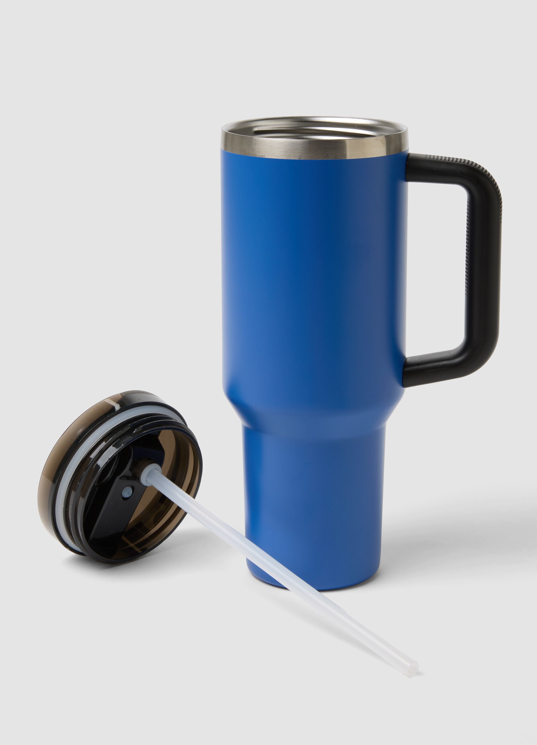 Blue insulated water bottle with handle and straw