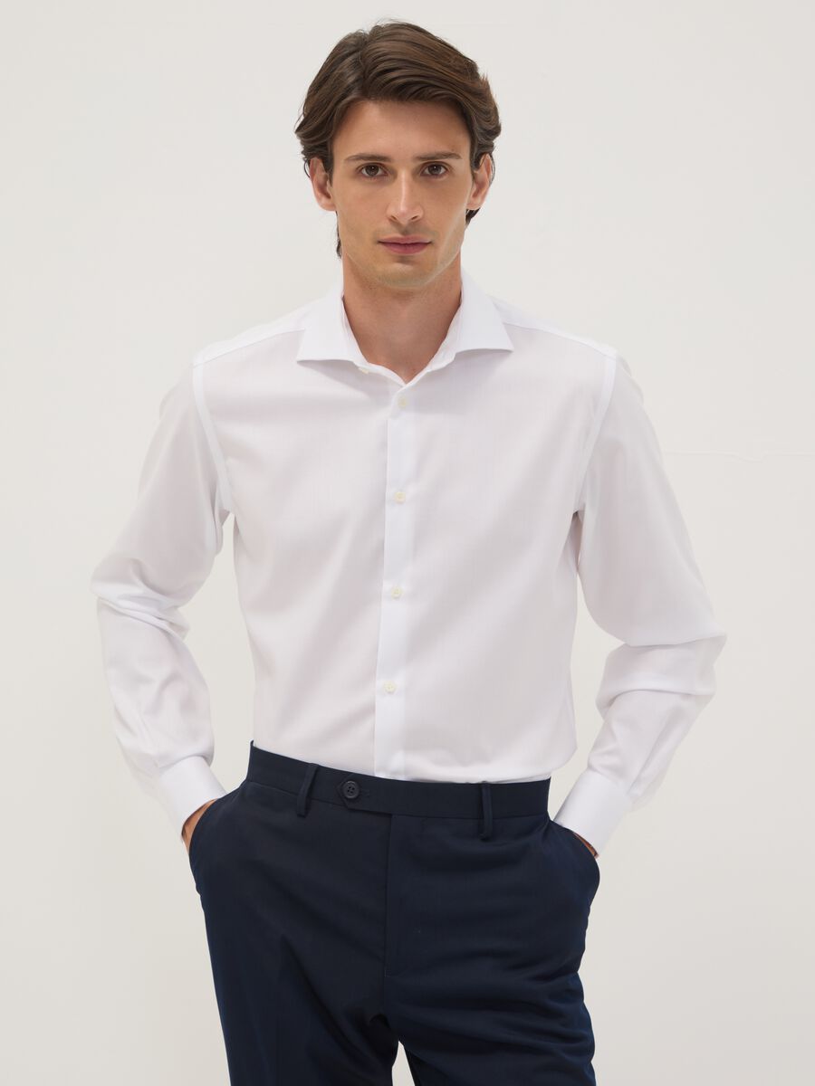 White slim-fit pure cotton twill shirt with French collar, non-iron_0