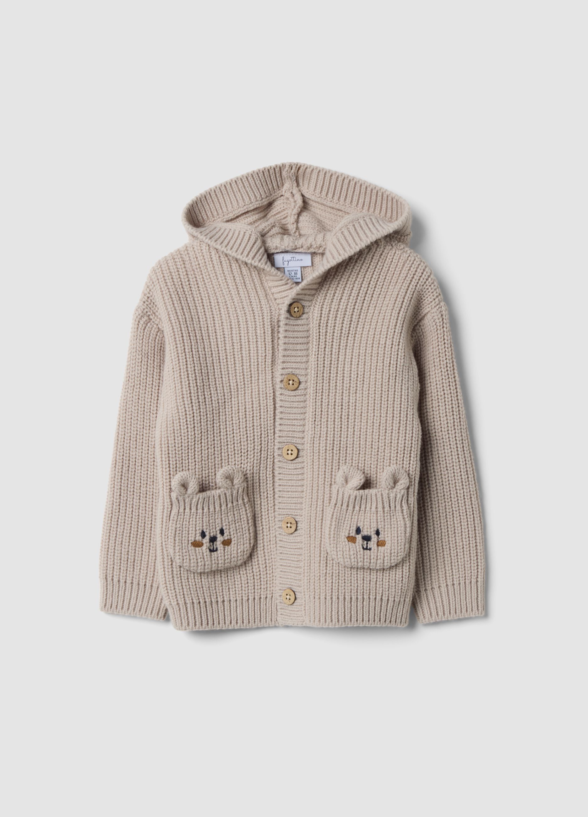 Grey V-neck hooded knitted cardigan, regular fit