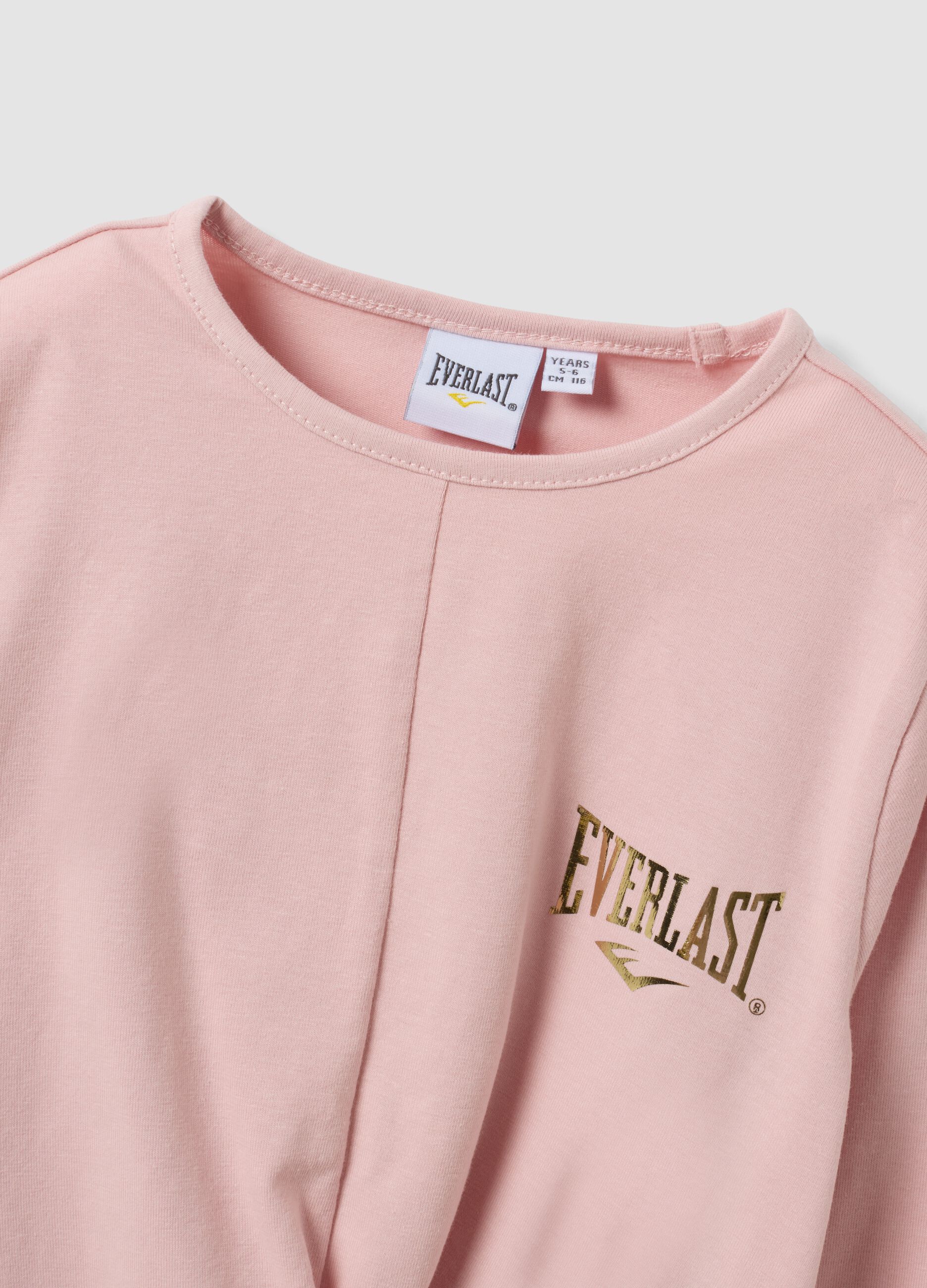 Pink stretch cotton T-shirt with front knot and print for girls