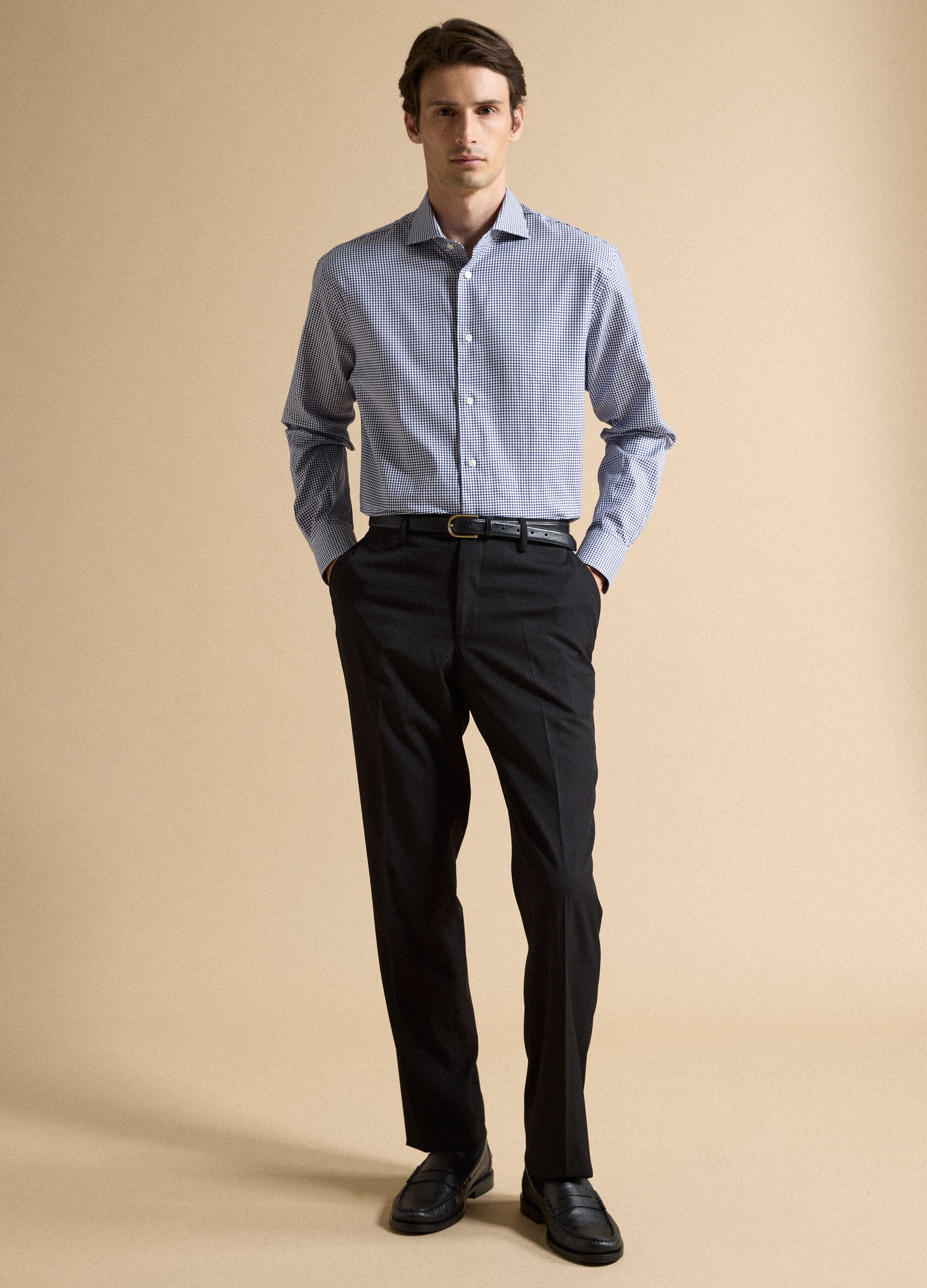 Blue cotton oxford checked shirt, regular fit