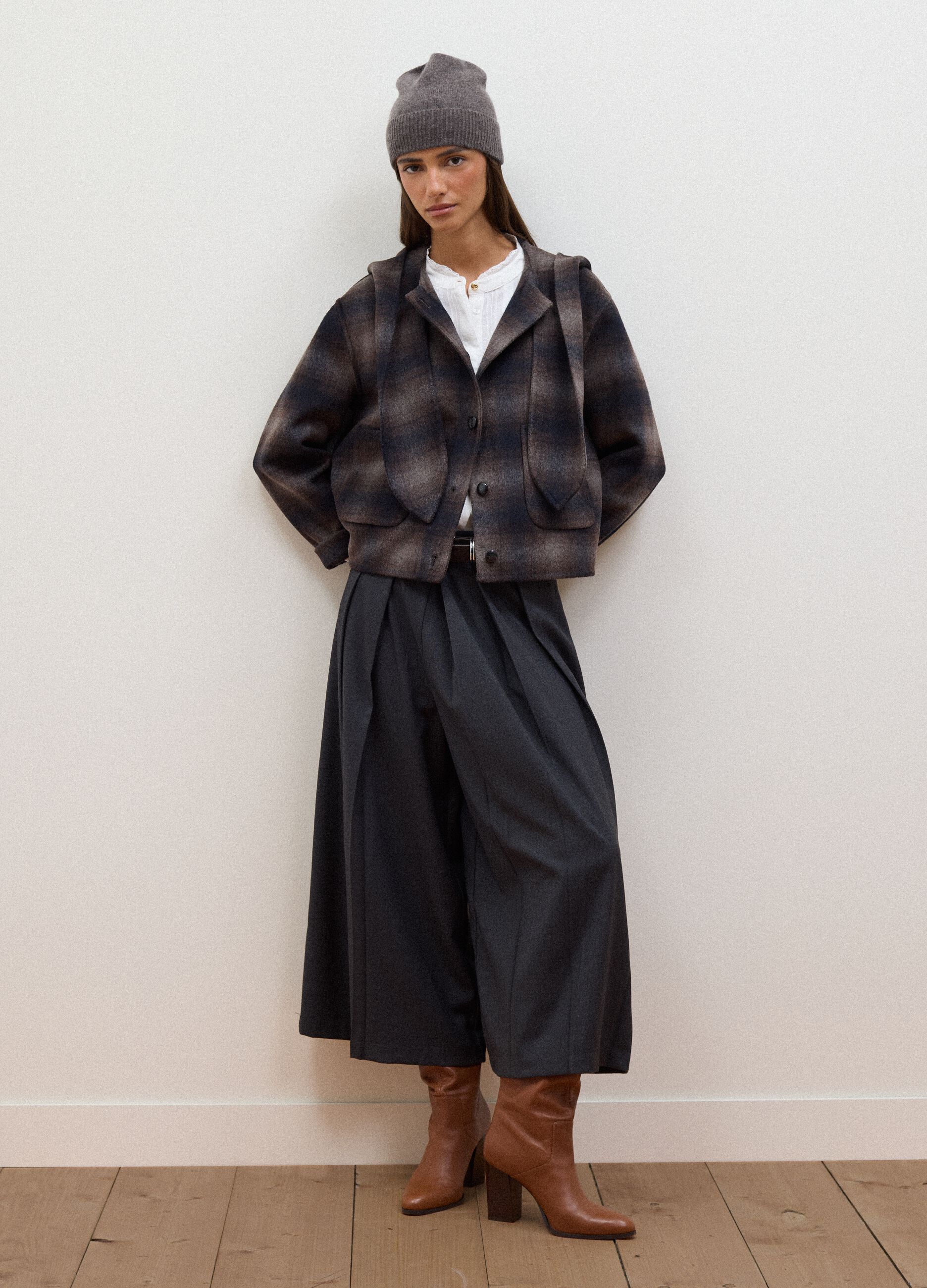 Brown wool and viscose blend hooded coat, regular fit