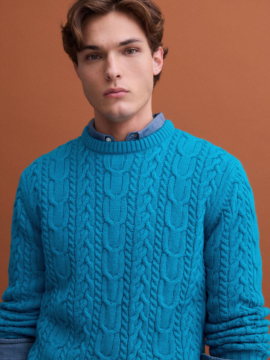 Blue crew-neck wool-blend jumper with jacquard knit_2