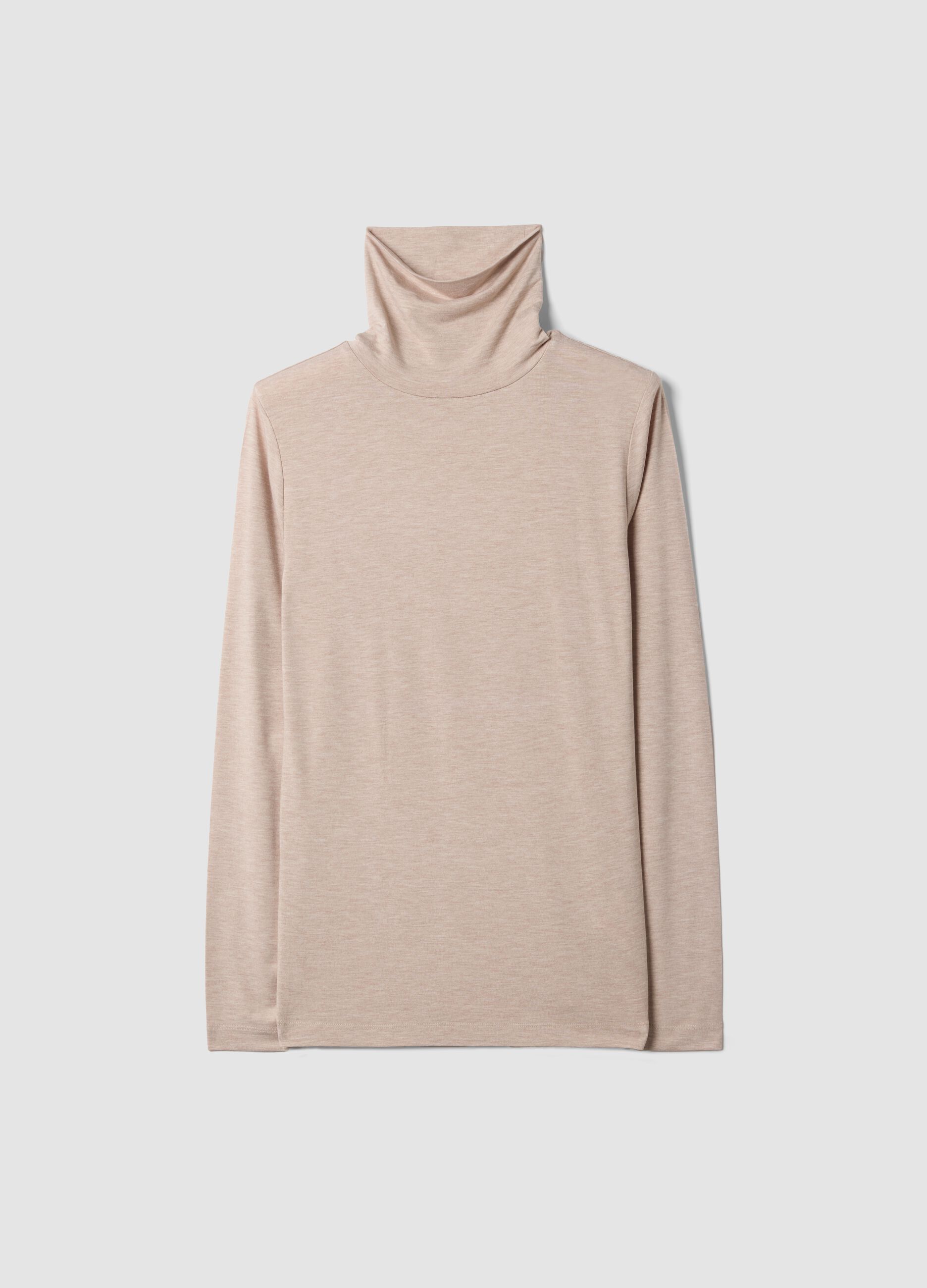 Beige stretch viscose top with mock neck, regular fit
