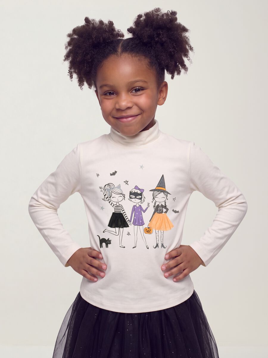 T-shirt bianca in cotone elasticizzato con Collo rialzato_0