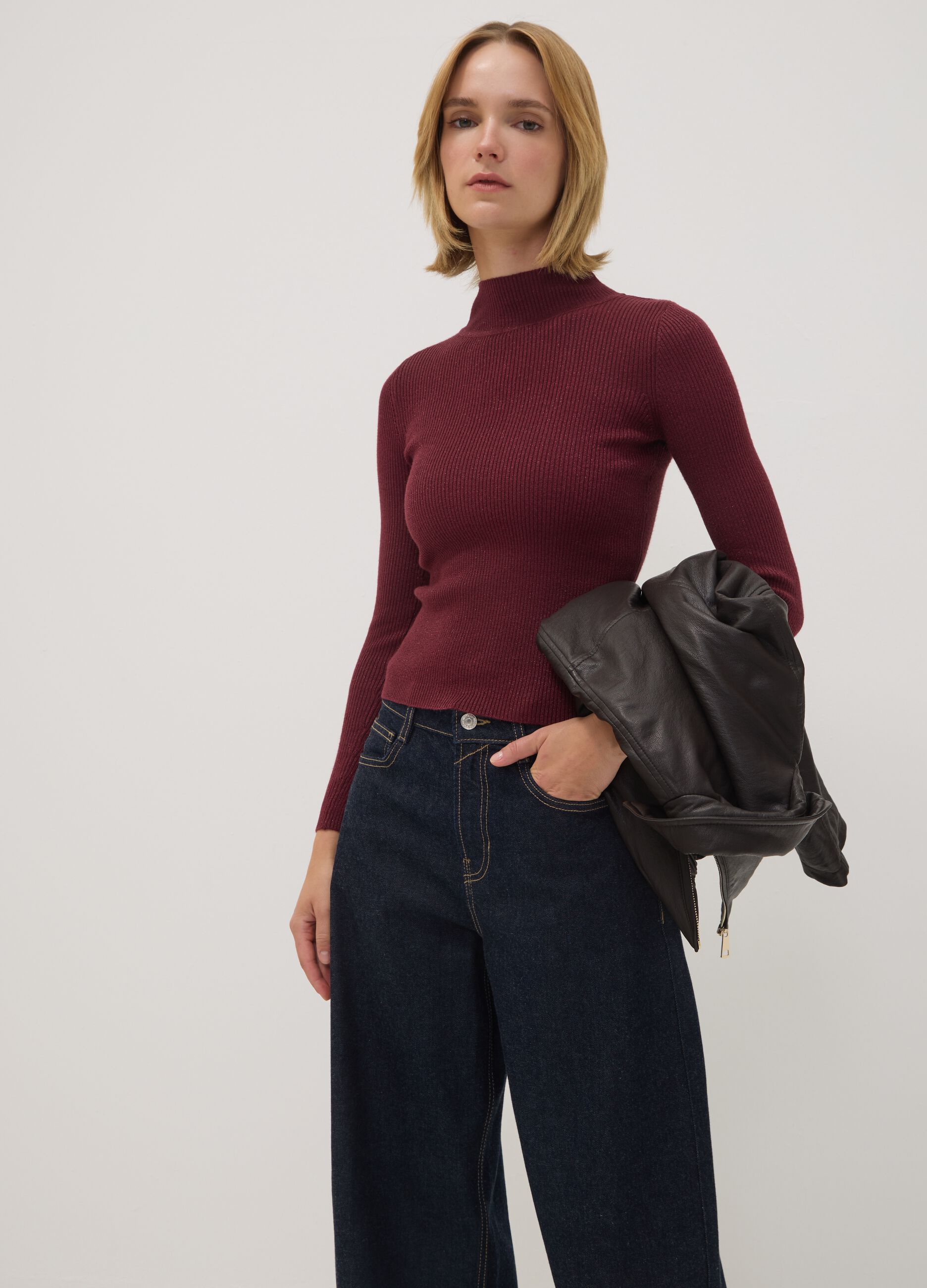 Red ribbed viscose-blend top with high neck