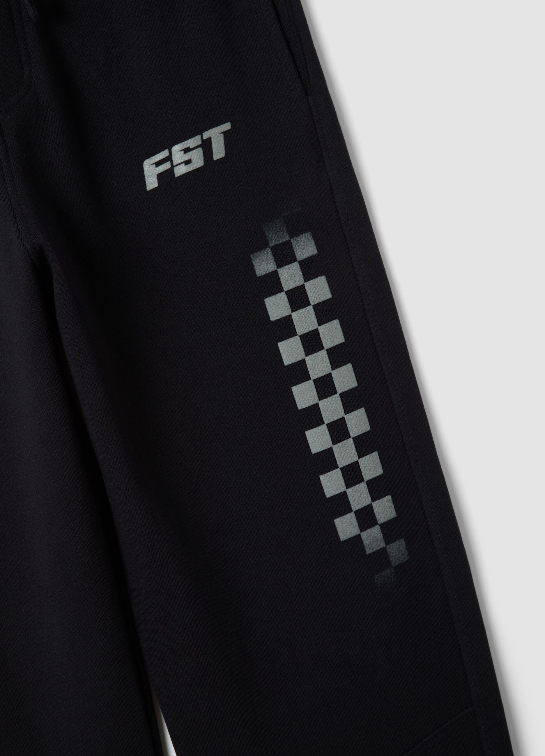 Black pure organic cotton joggers with check print, relaxed fit