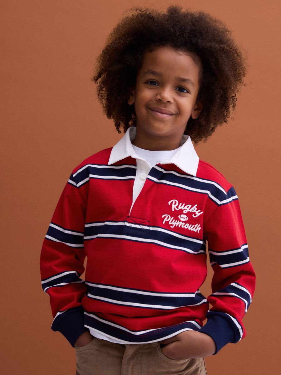 Boys&rsquo; red striped pure cotton rugby polo, regular fit_0