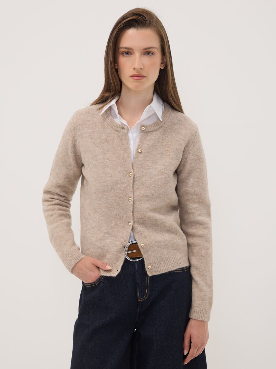 Beige stretch wool crew-neck cardigan, regular fit_0