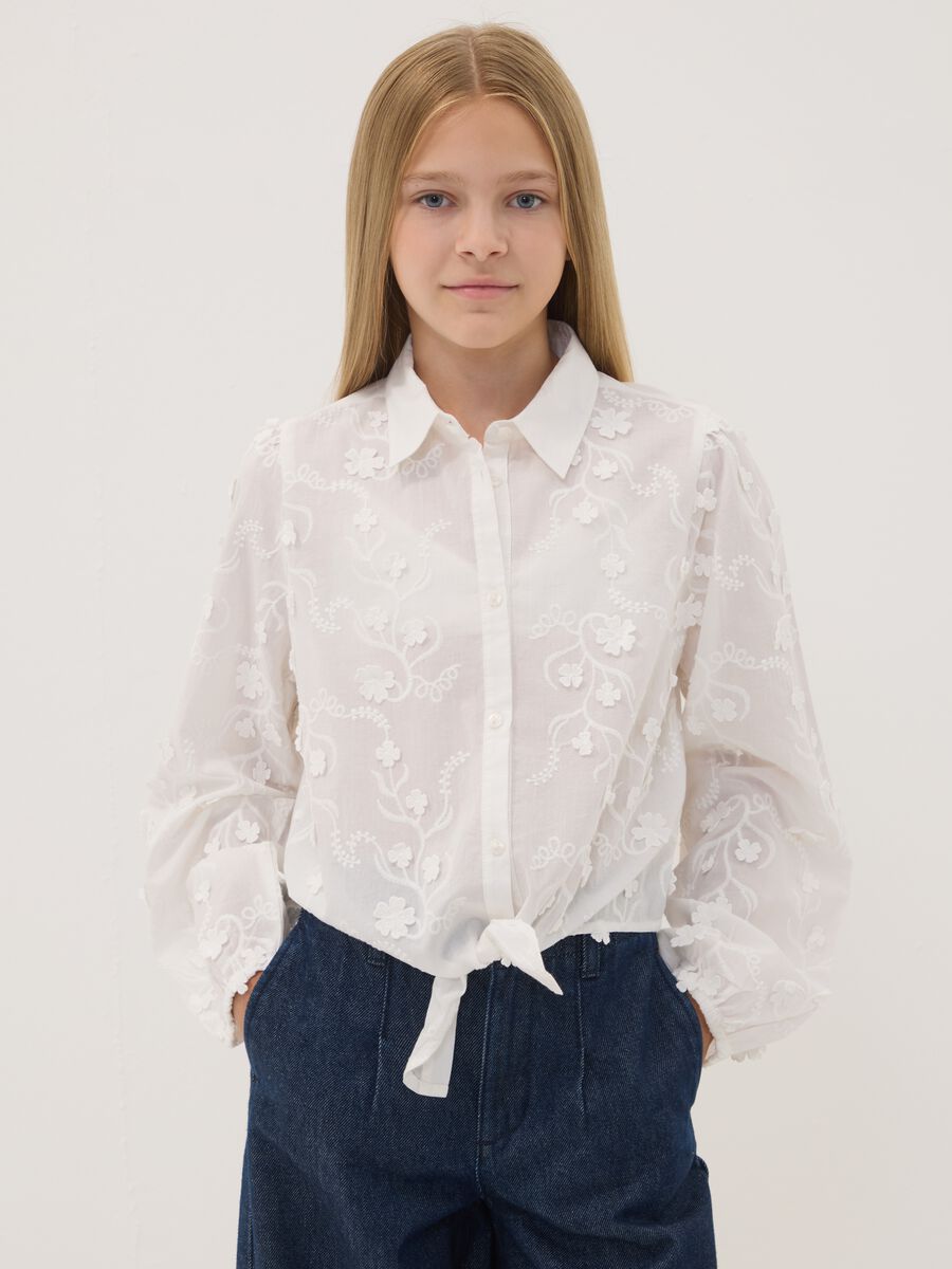 White pure cotton poplin shirt with floral embroidery_0