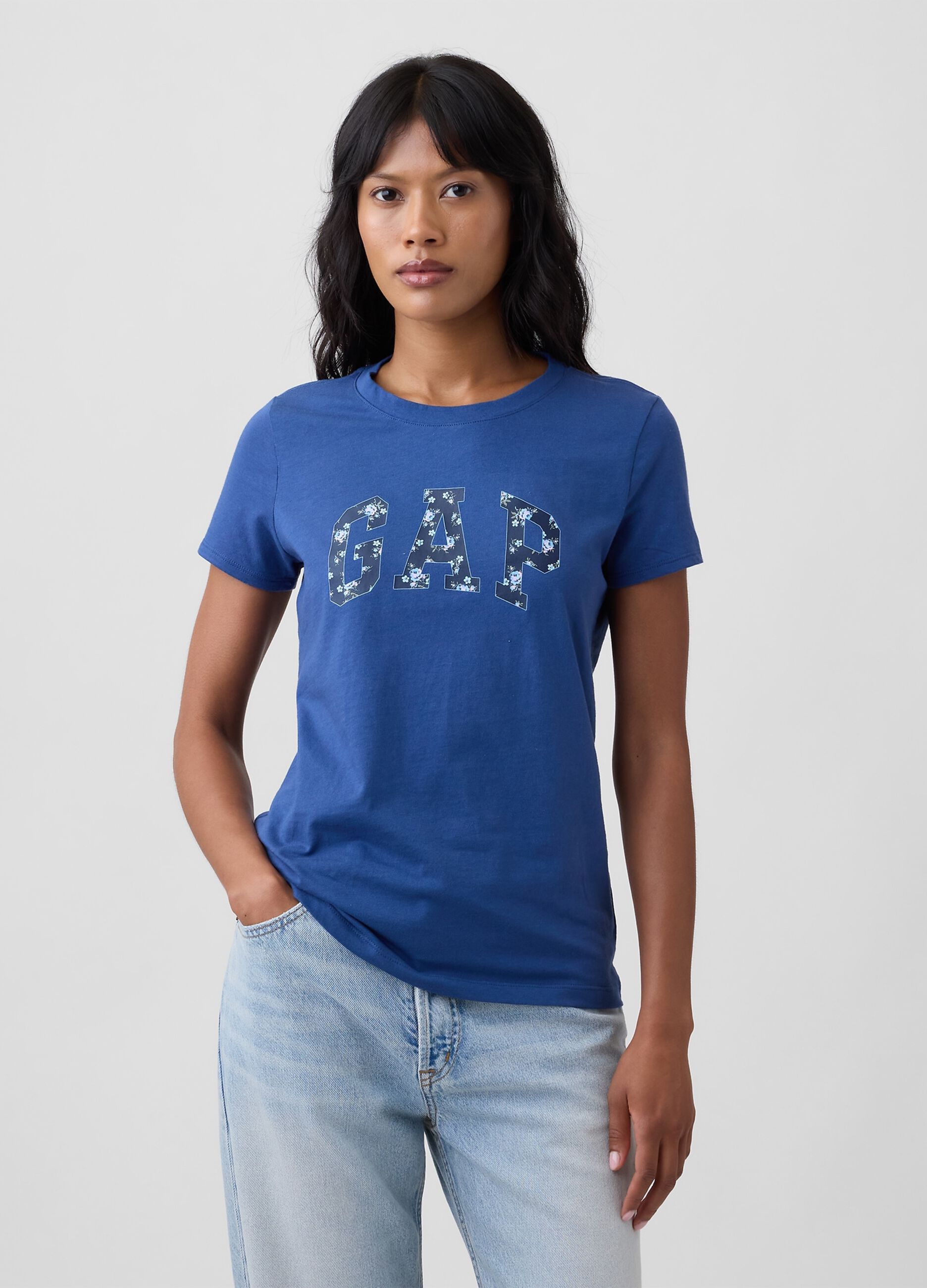 Navy pure cotton T-shirt with floral GAP logo
