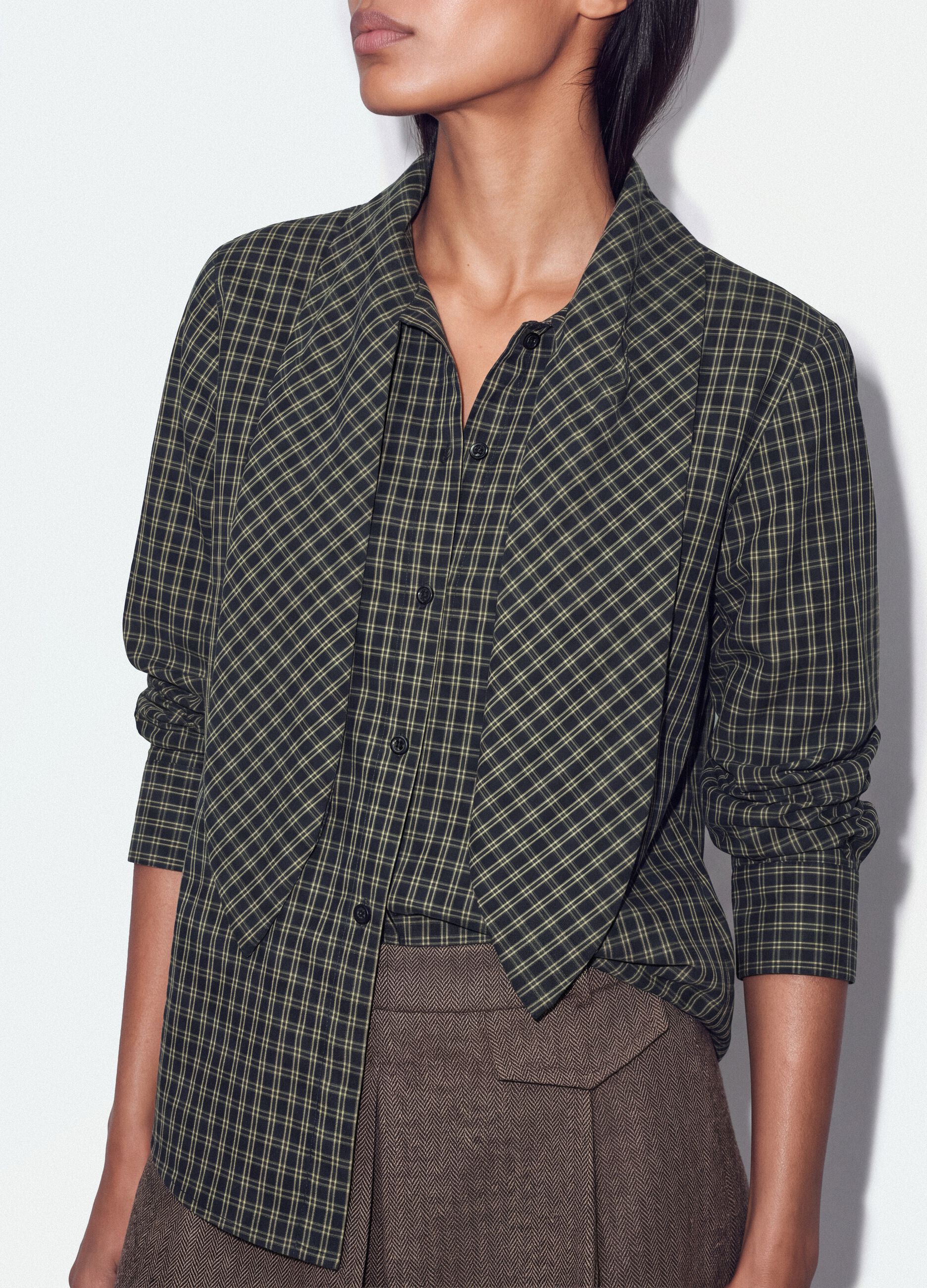 Black oversized cotton-blend checked shirt with bow