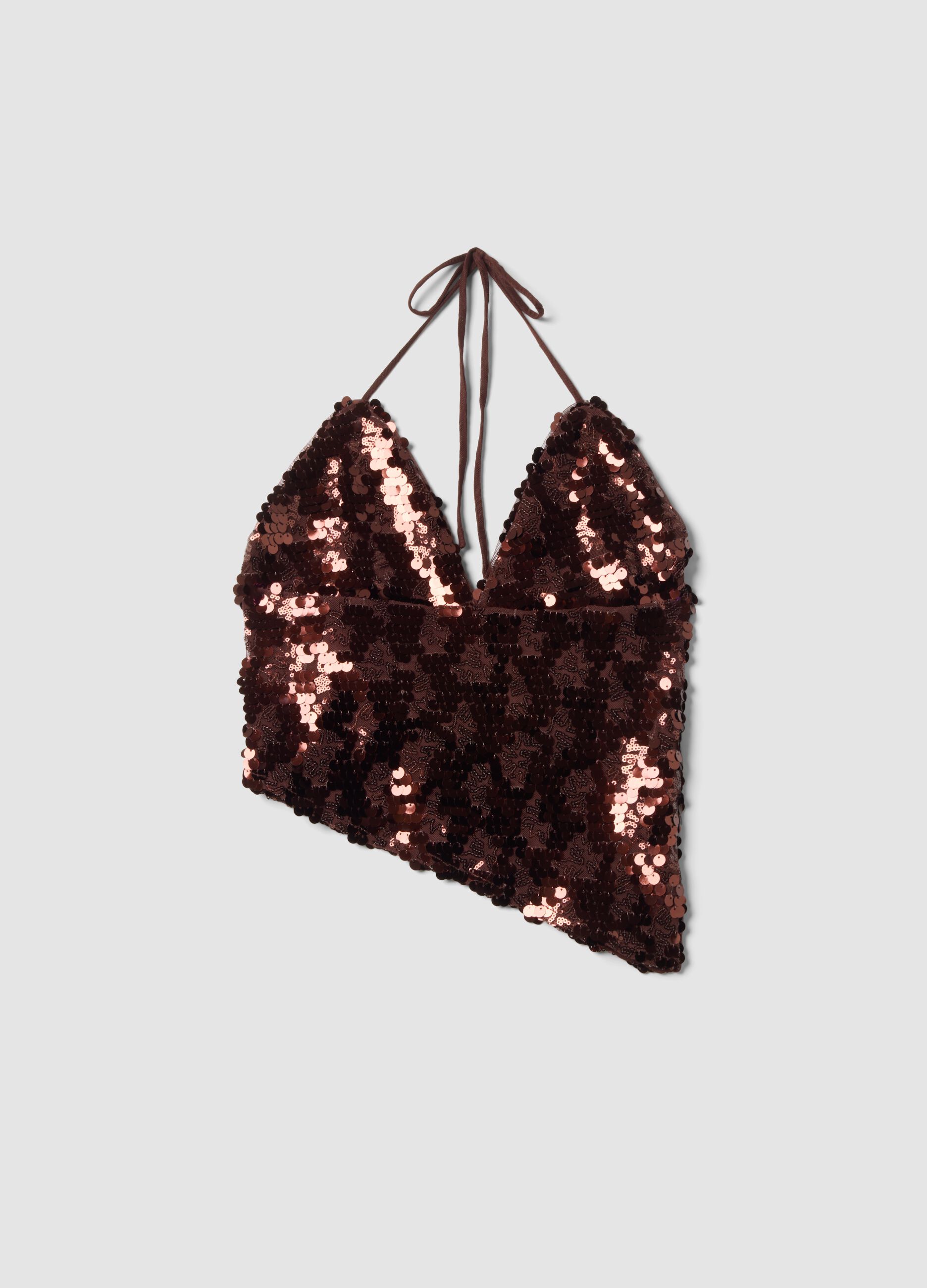 Brown sequin stretch-fabric top