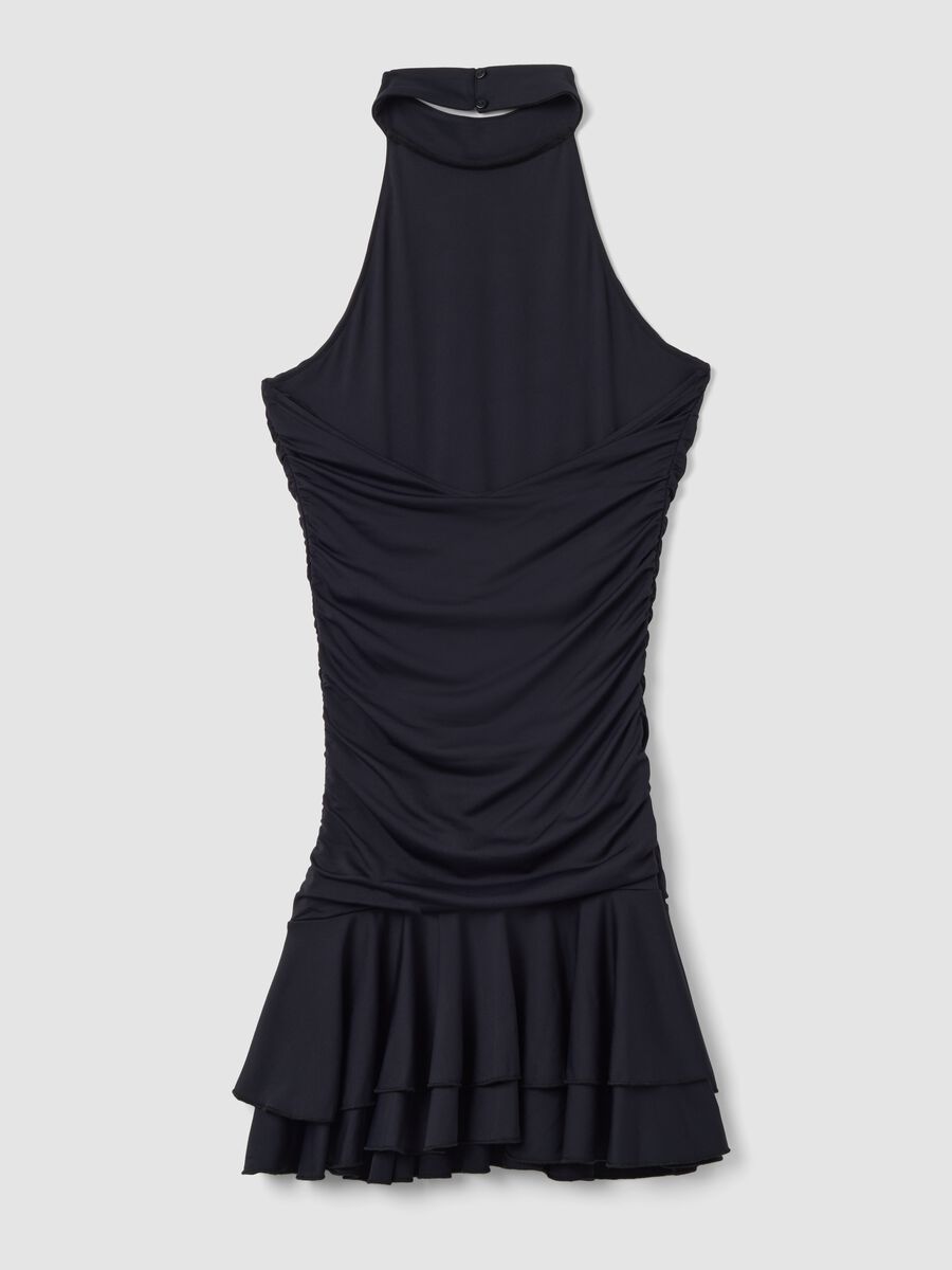Black stretch dress with high neck and ruffle hem_5