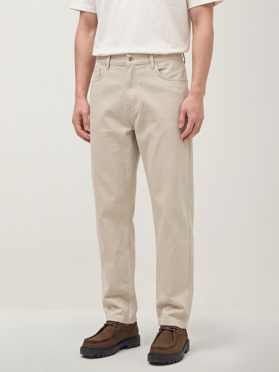 Grey straight-leg stretch cotton twill trousers_1