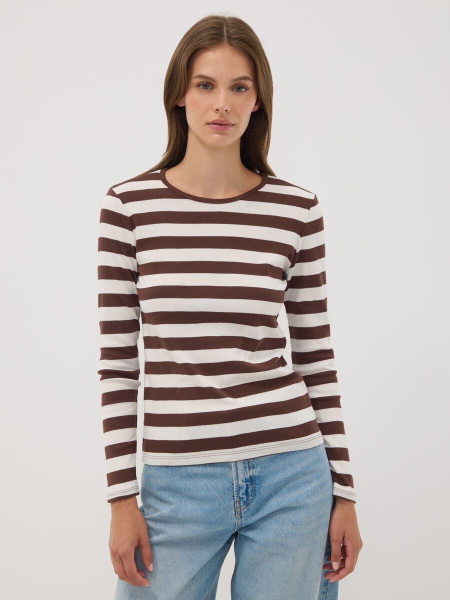 T-shirt bianca a righe in puro cotone con girocollo_0
