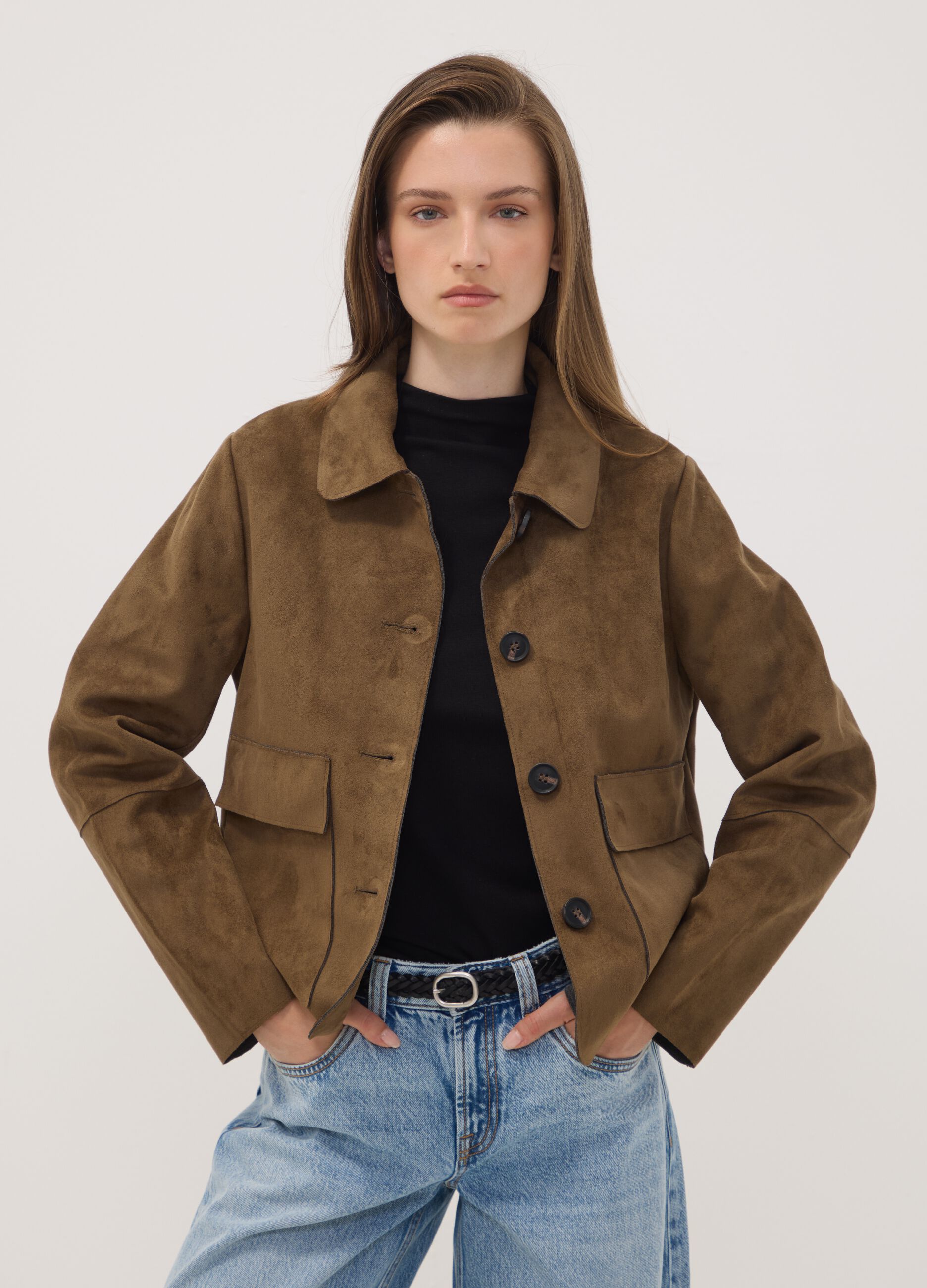 Brown regular-fit shacket with patch pockets