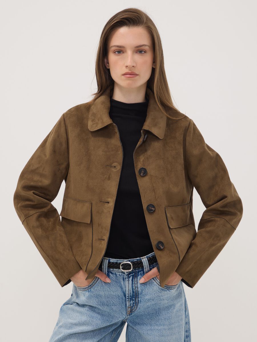 Brown regular-fit shacket with patch pockets_0