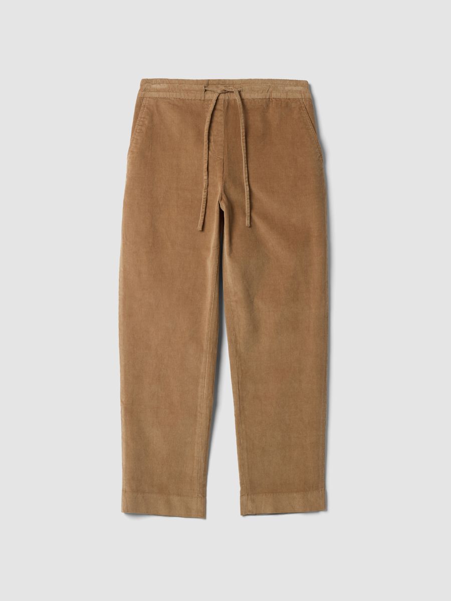 Beige ribbed stretch cotton trousers with elasticated waistband_4