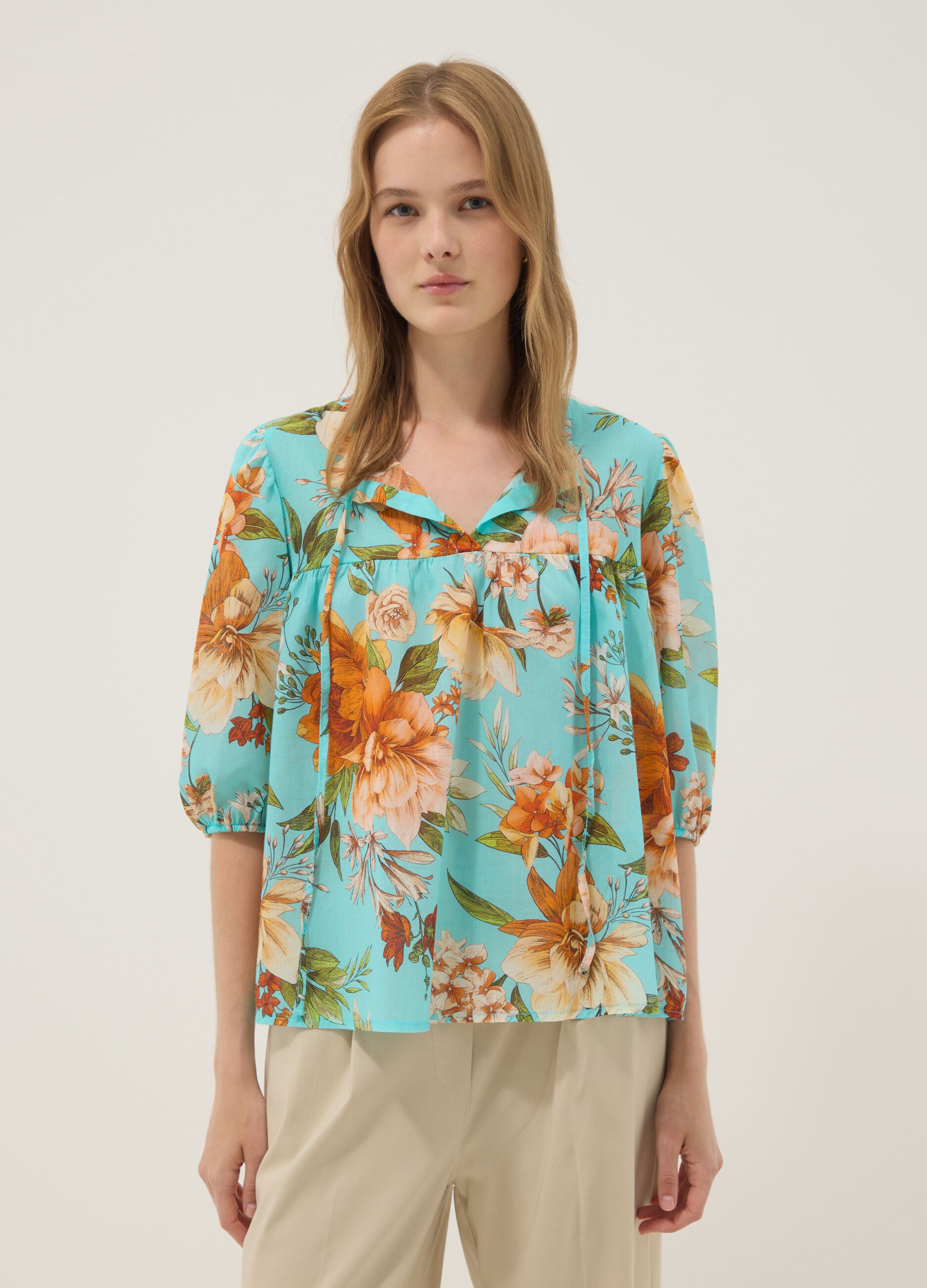 Blue pure cotton blouse with floral print