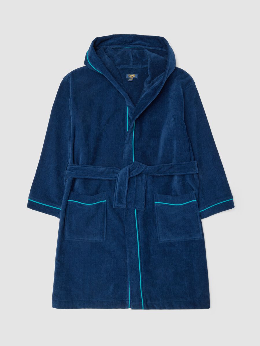 Blue organic cotton hooded bathrobe for boys_0