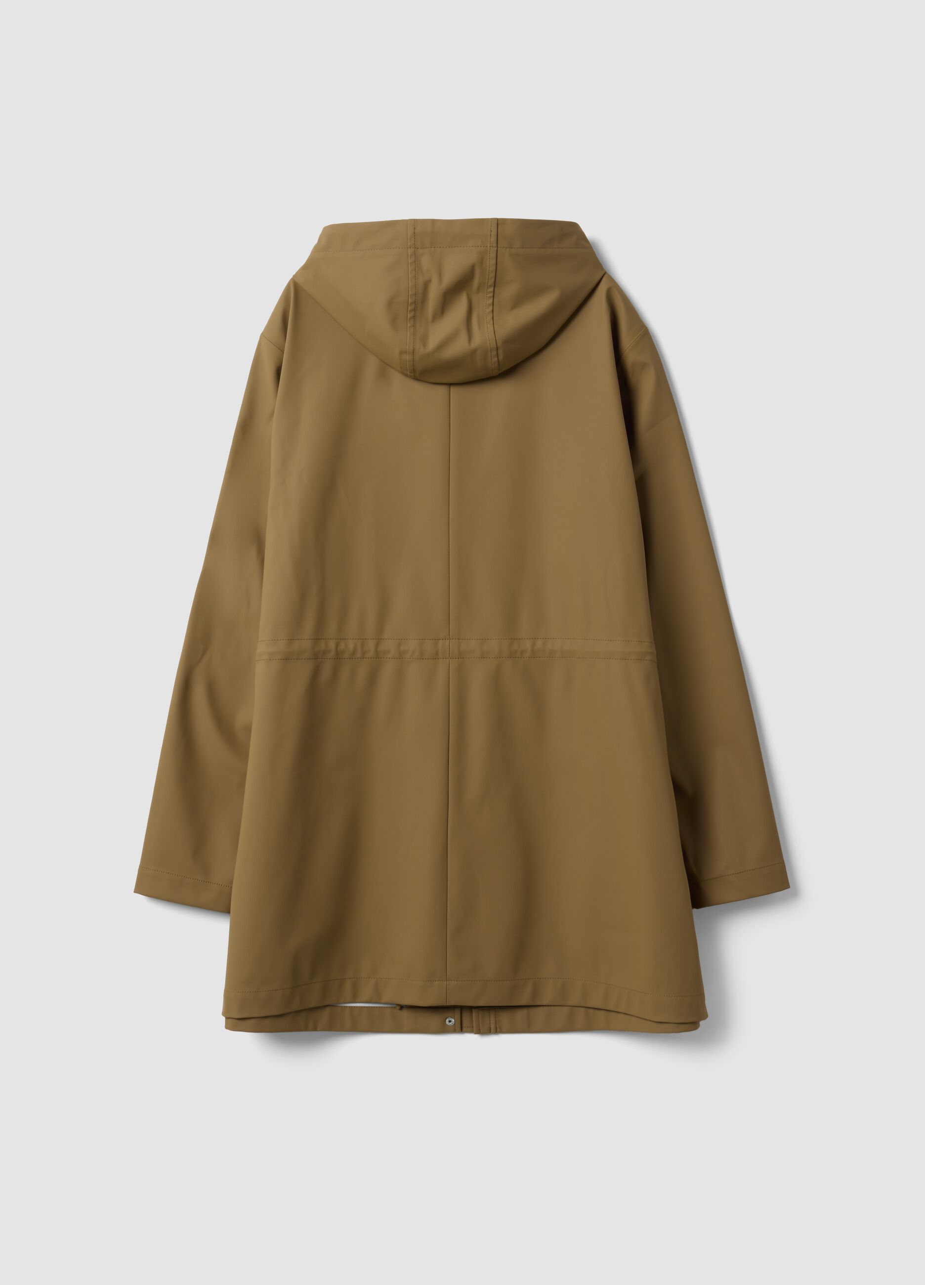 Brown rain jacket with hood, zip and snap buttons, regular fit