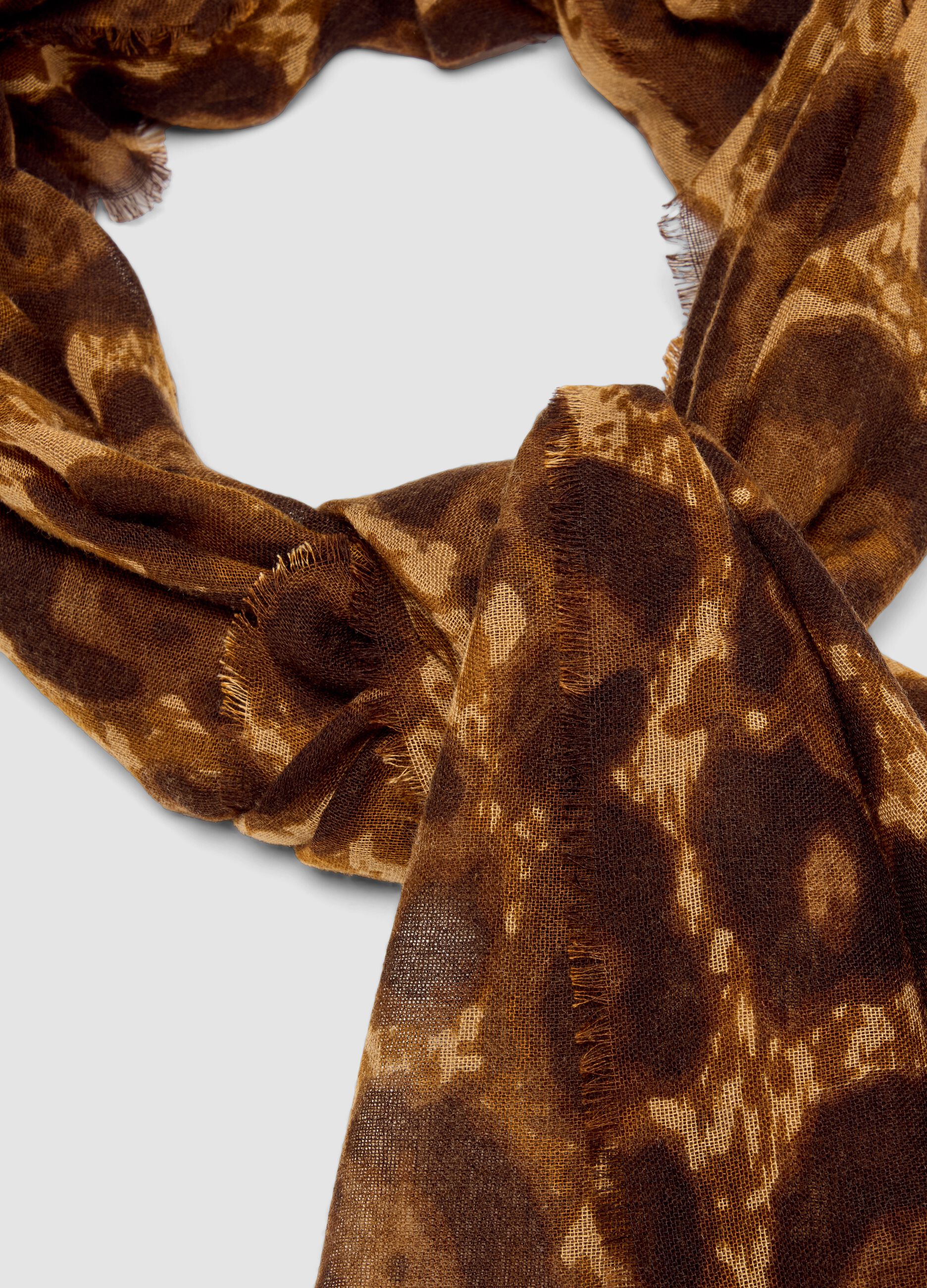 Brown wool-blend scarf with animal print