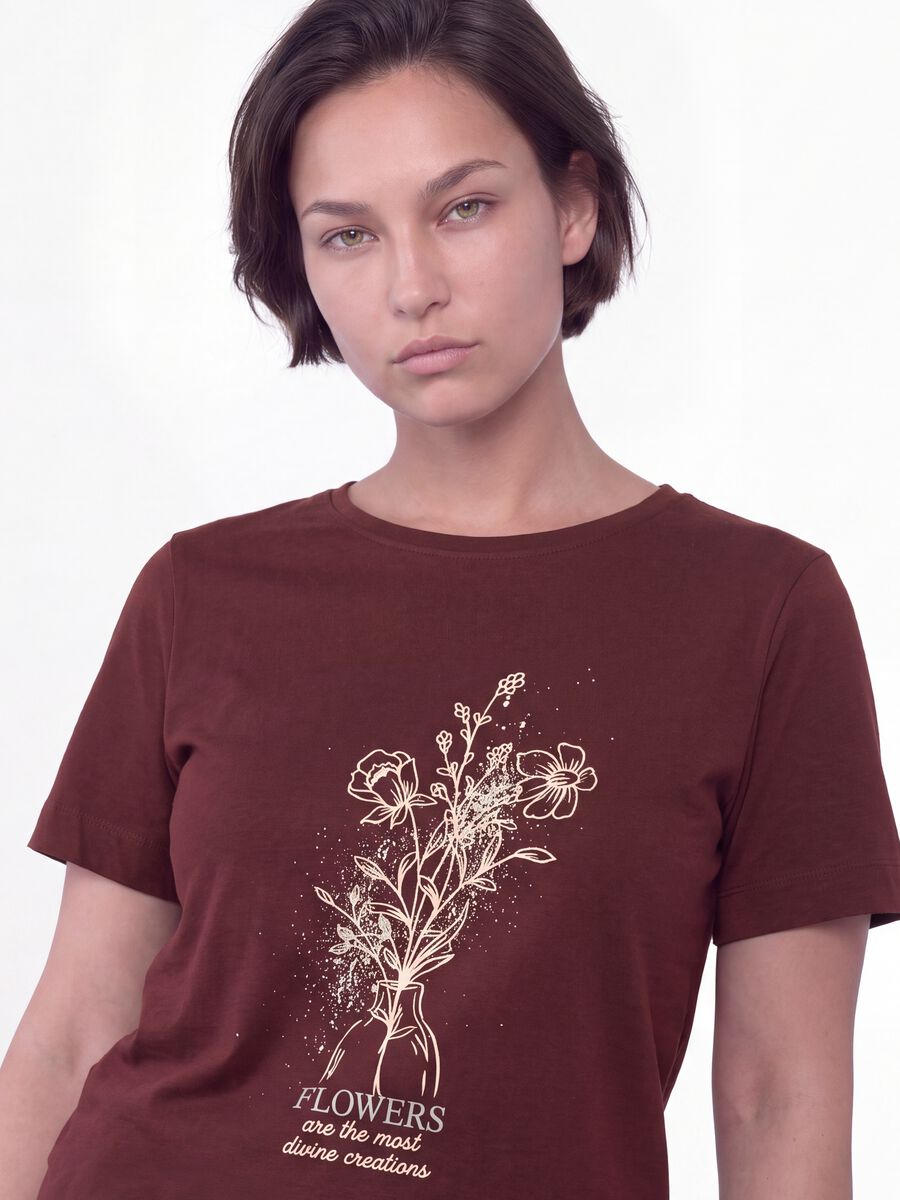 Red pure cotton T-shirt with floral print, regular fit_1