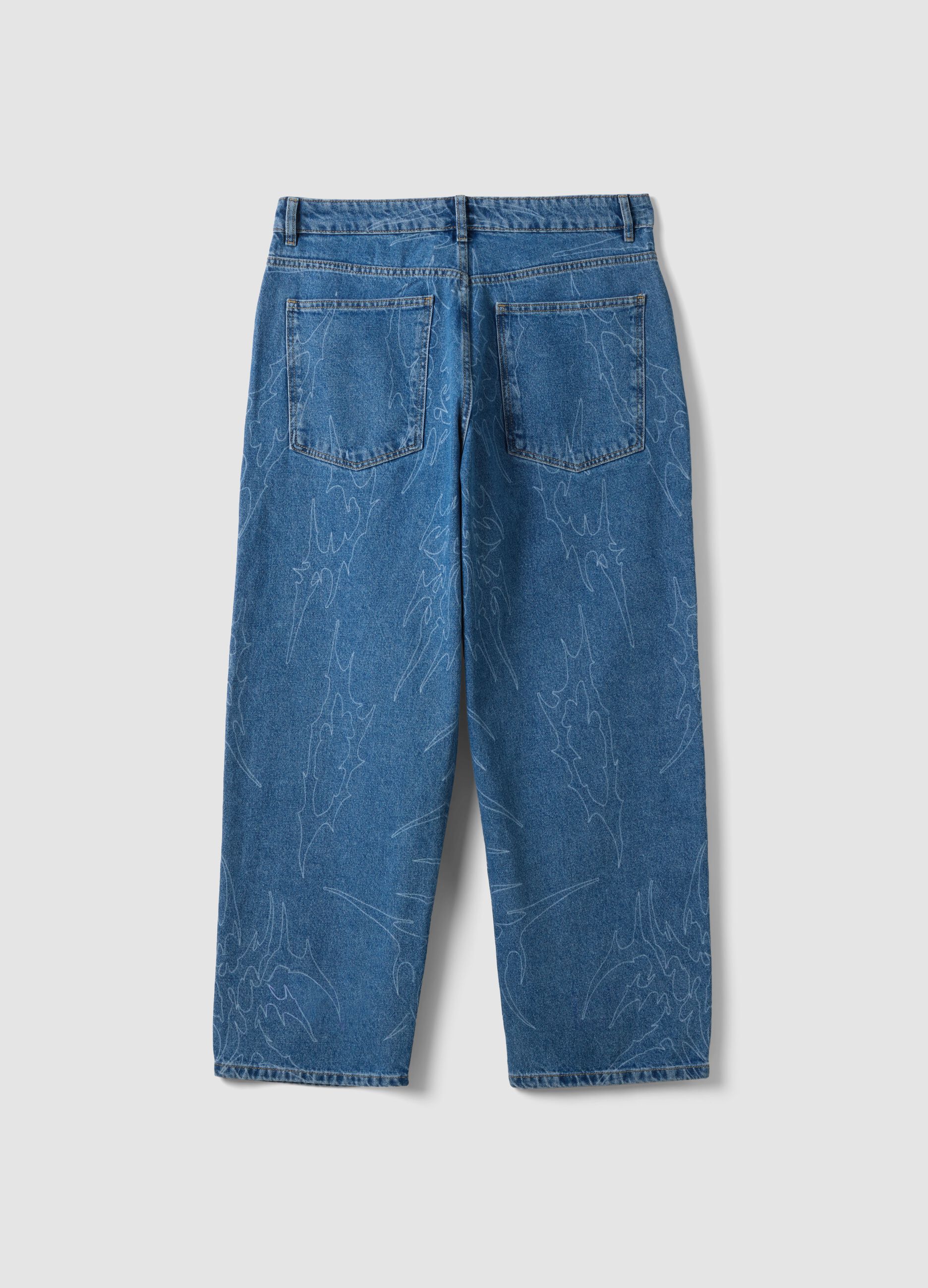 Blue denim baggy-fit jeans in pure cotton with all-over print