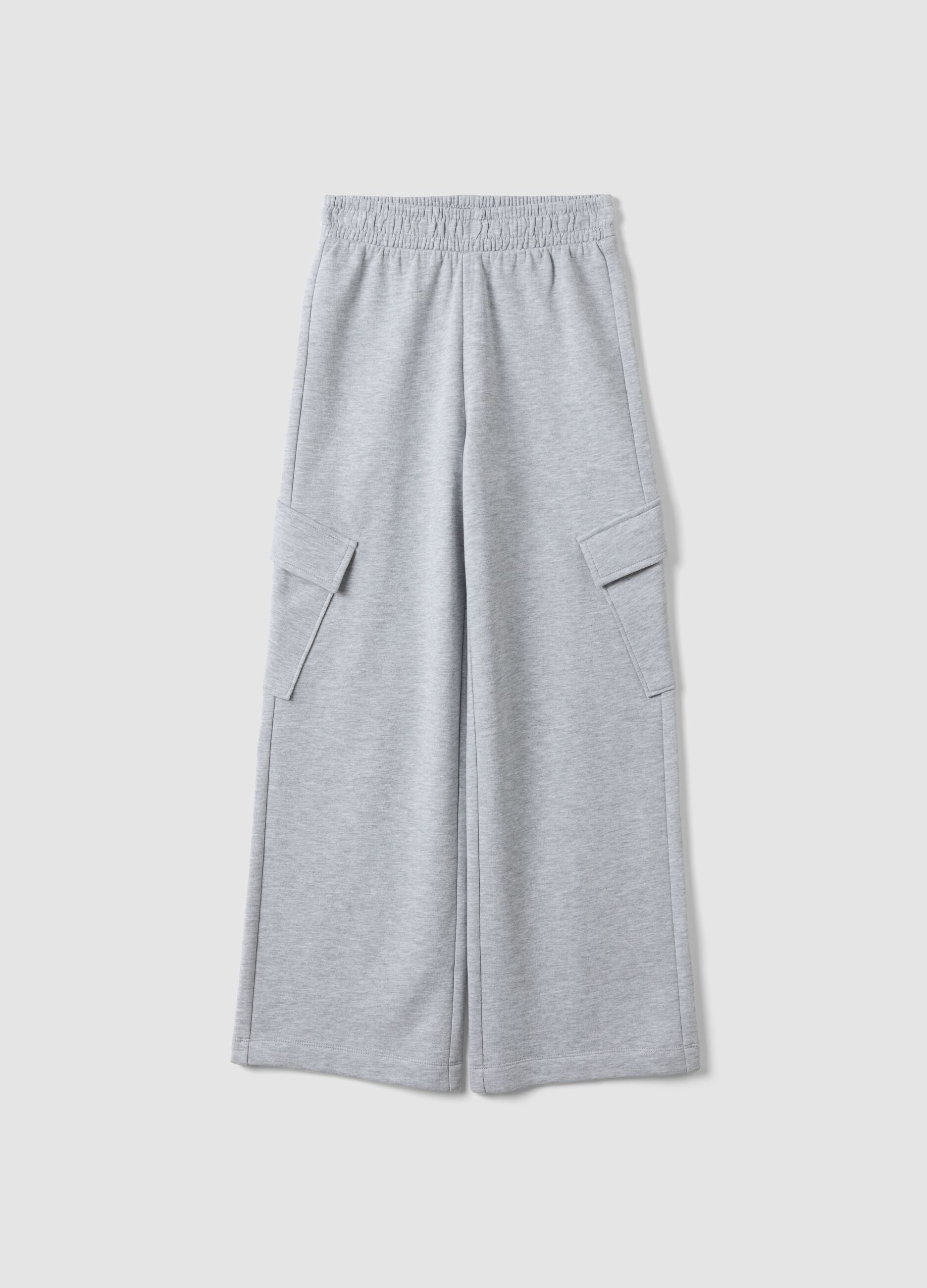 Grey pure cotton wide-leg trousers with cargo pockets