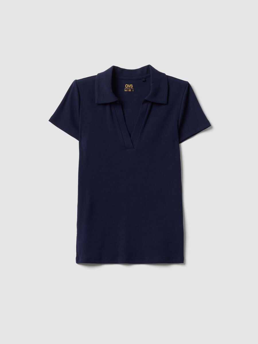 Blue stretch cotton polo shirt with open V-neck, regular fit_4
