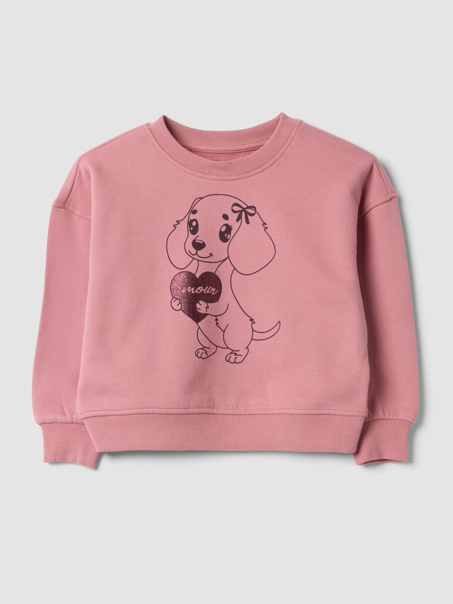 Pink pure cotton sweatshirt with crew neck and puppy print_0