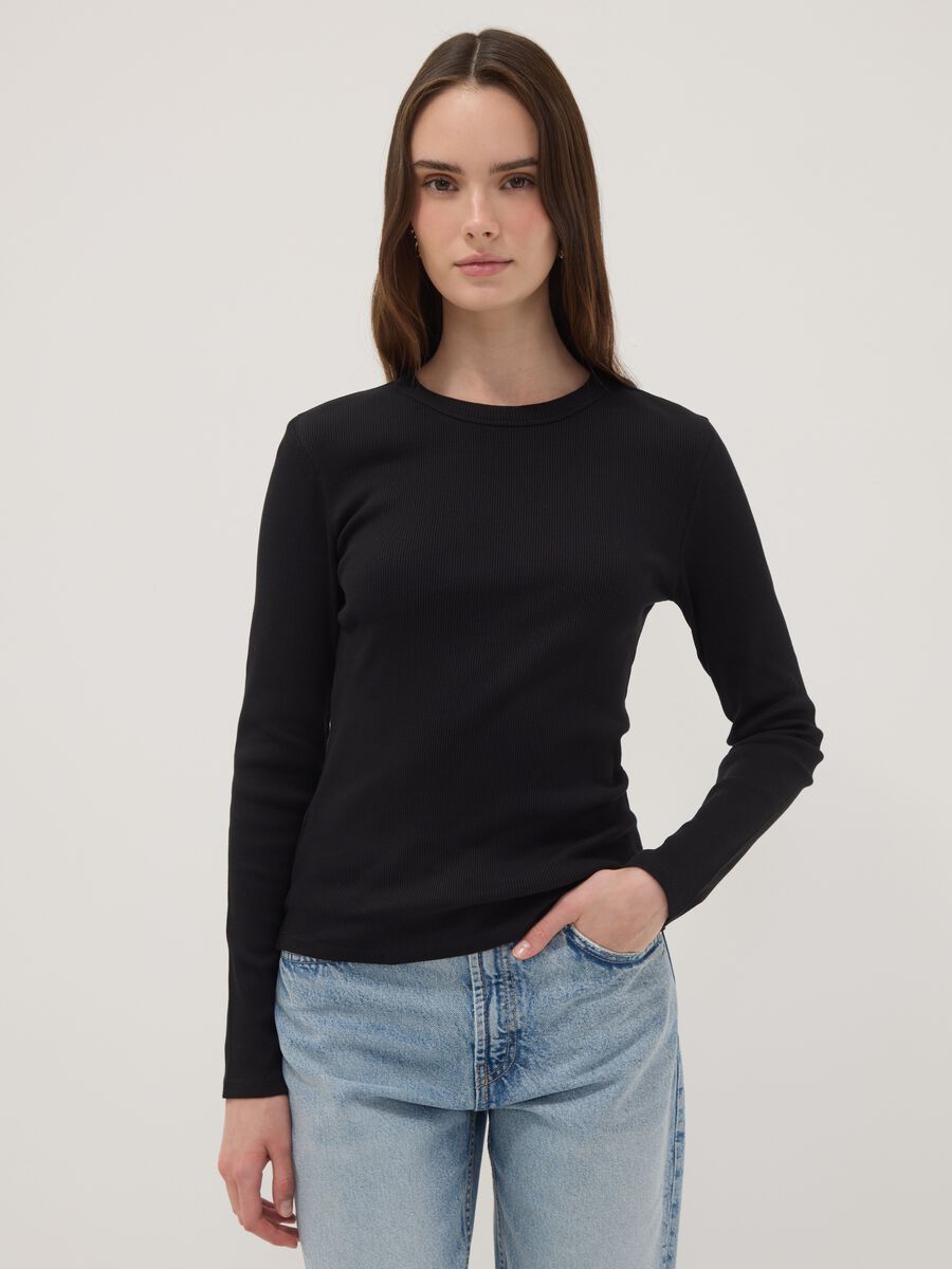 Black long-sleeve pure cotton T-shirt_1
