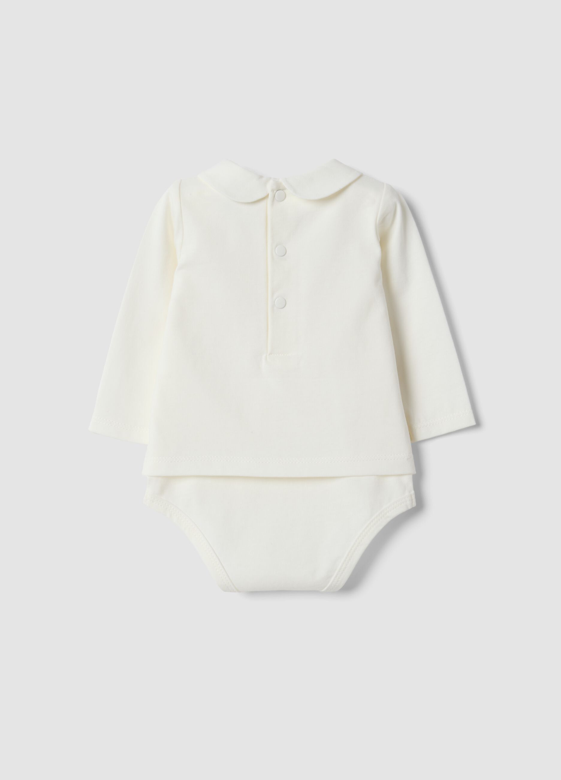 White organic cotton baby bodysuit with collar