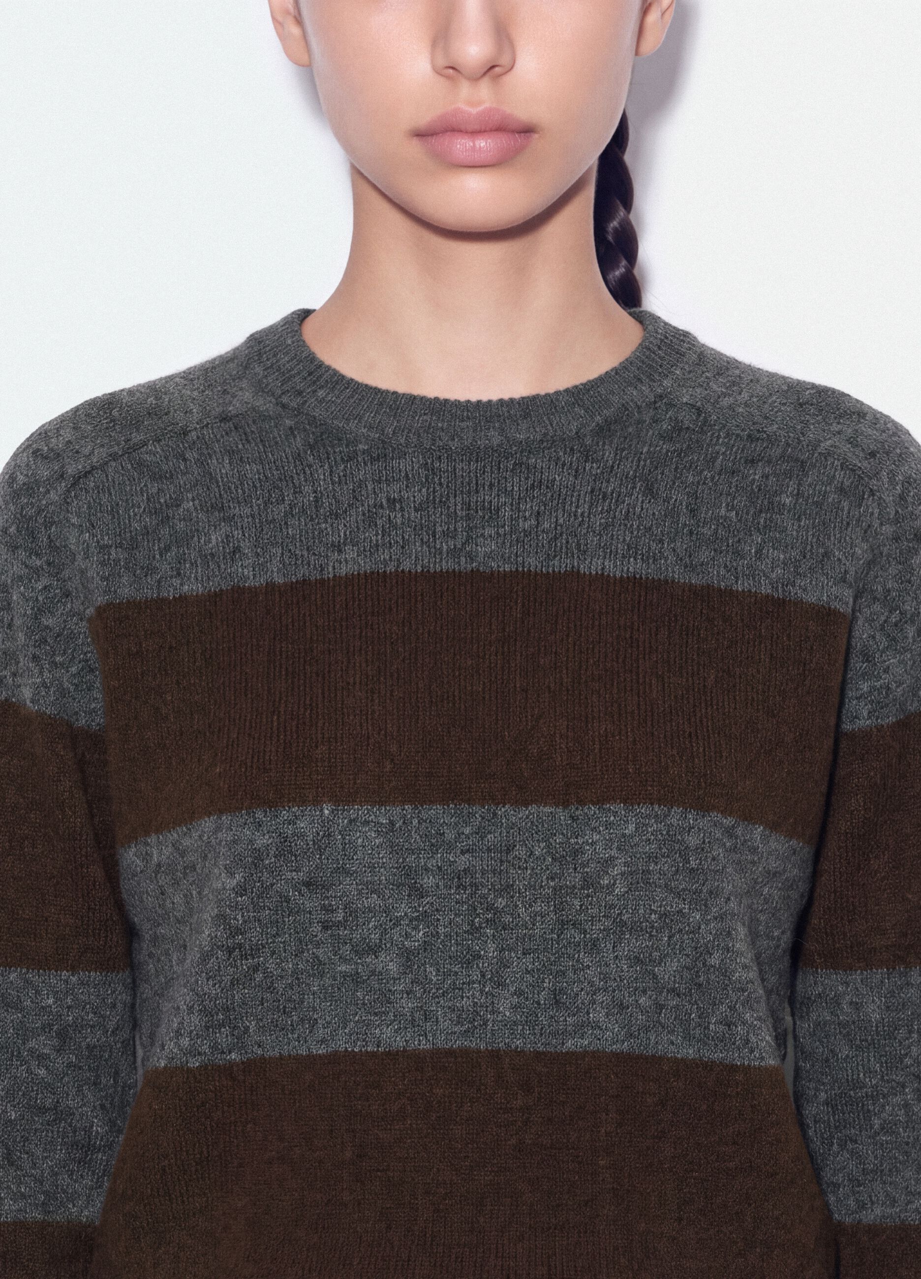 Grey striped stretch wool crew-neck jumper