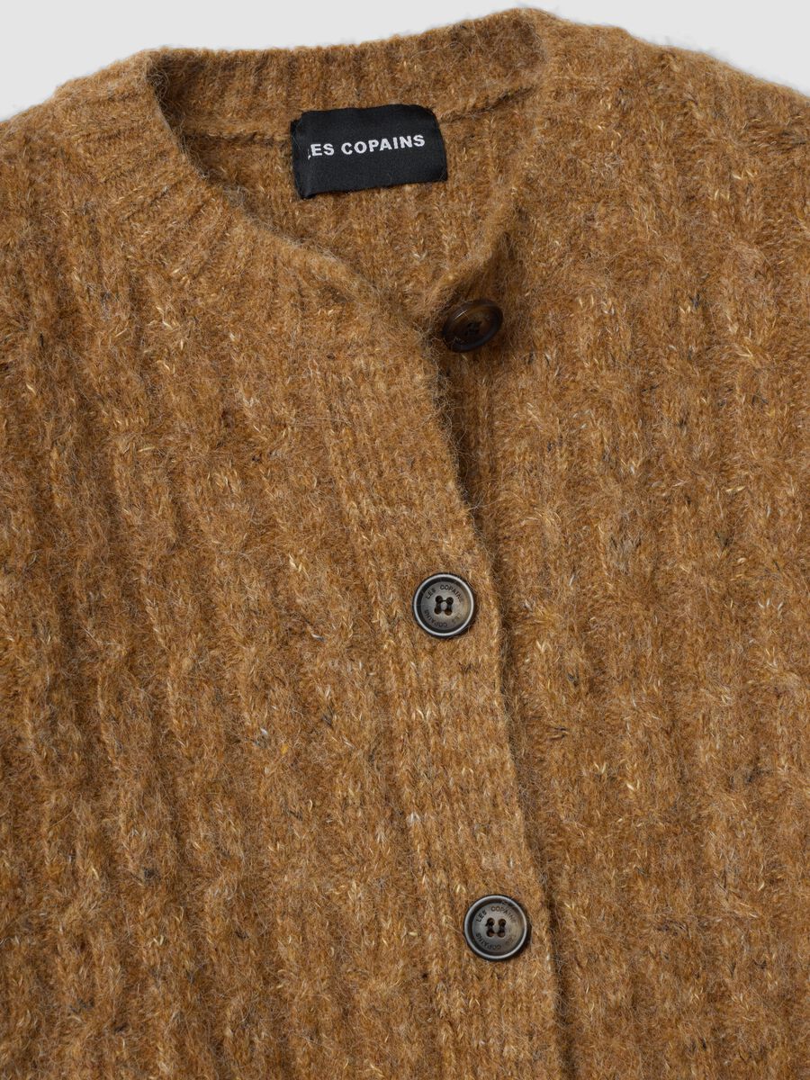 Brown crew-neck stretch wool cardigan, regular fit_1