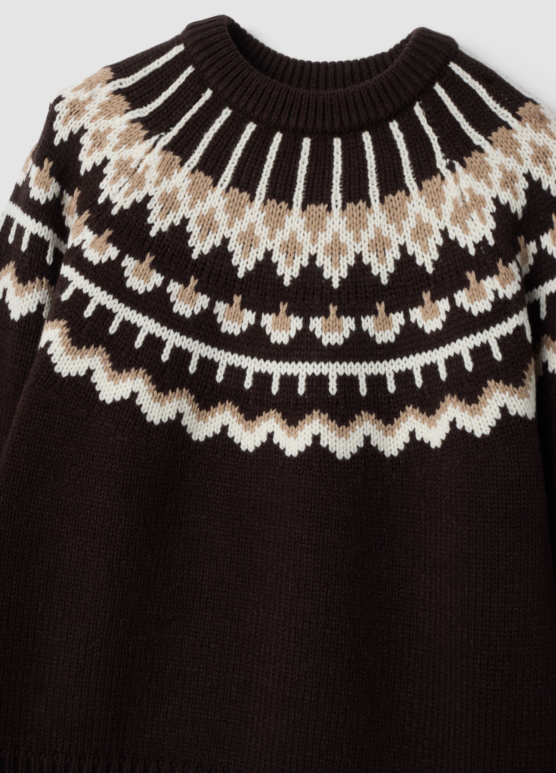 Brown jacquard wool-blend crew-neck jumper, regular fit