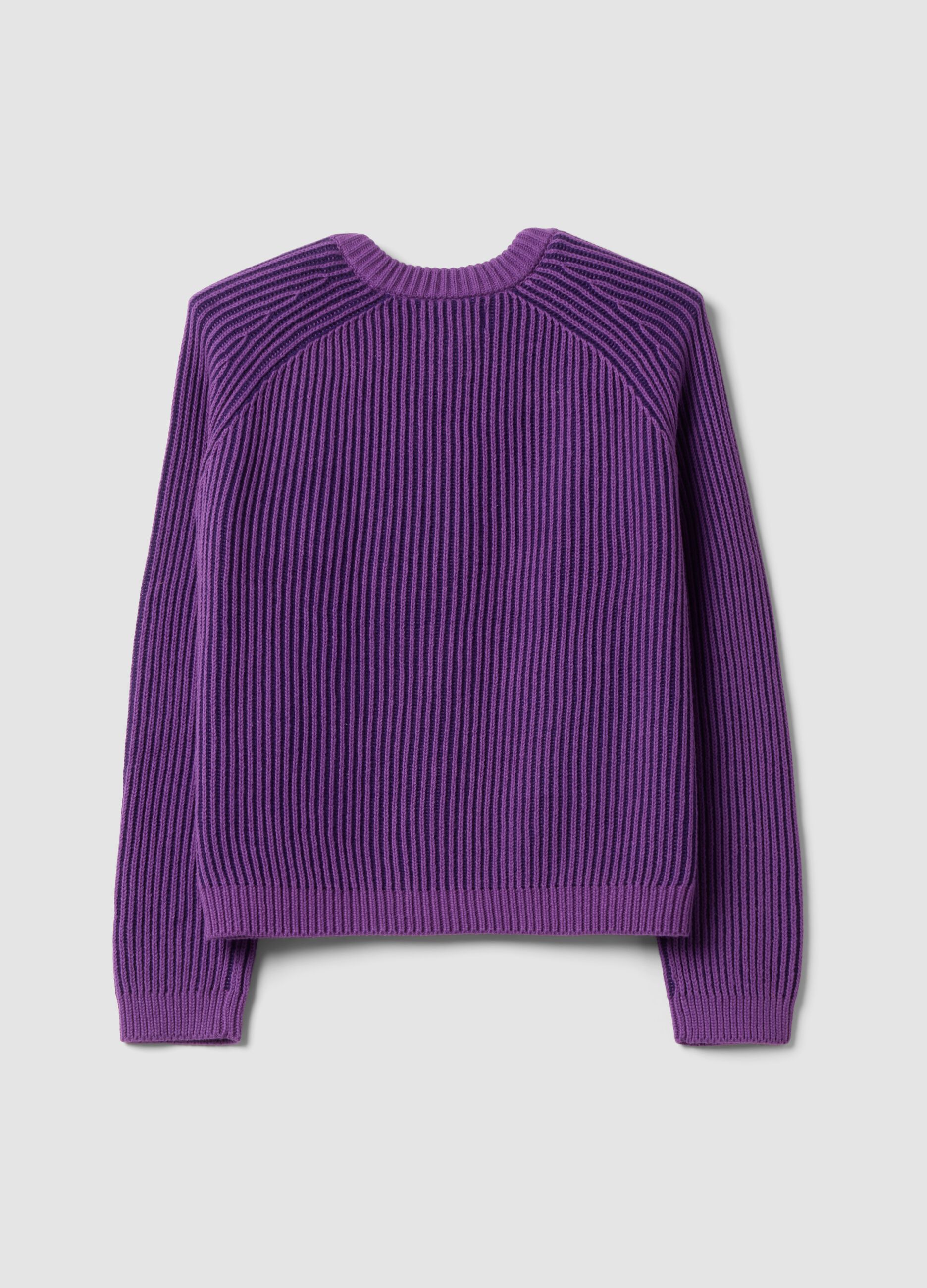 Cardigan viola in puro cotone a coste con girocollo