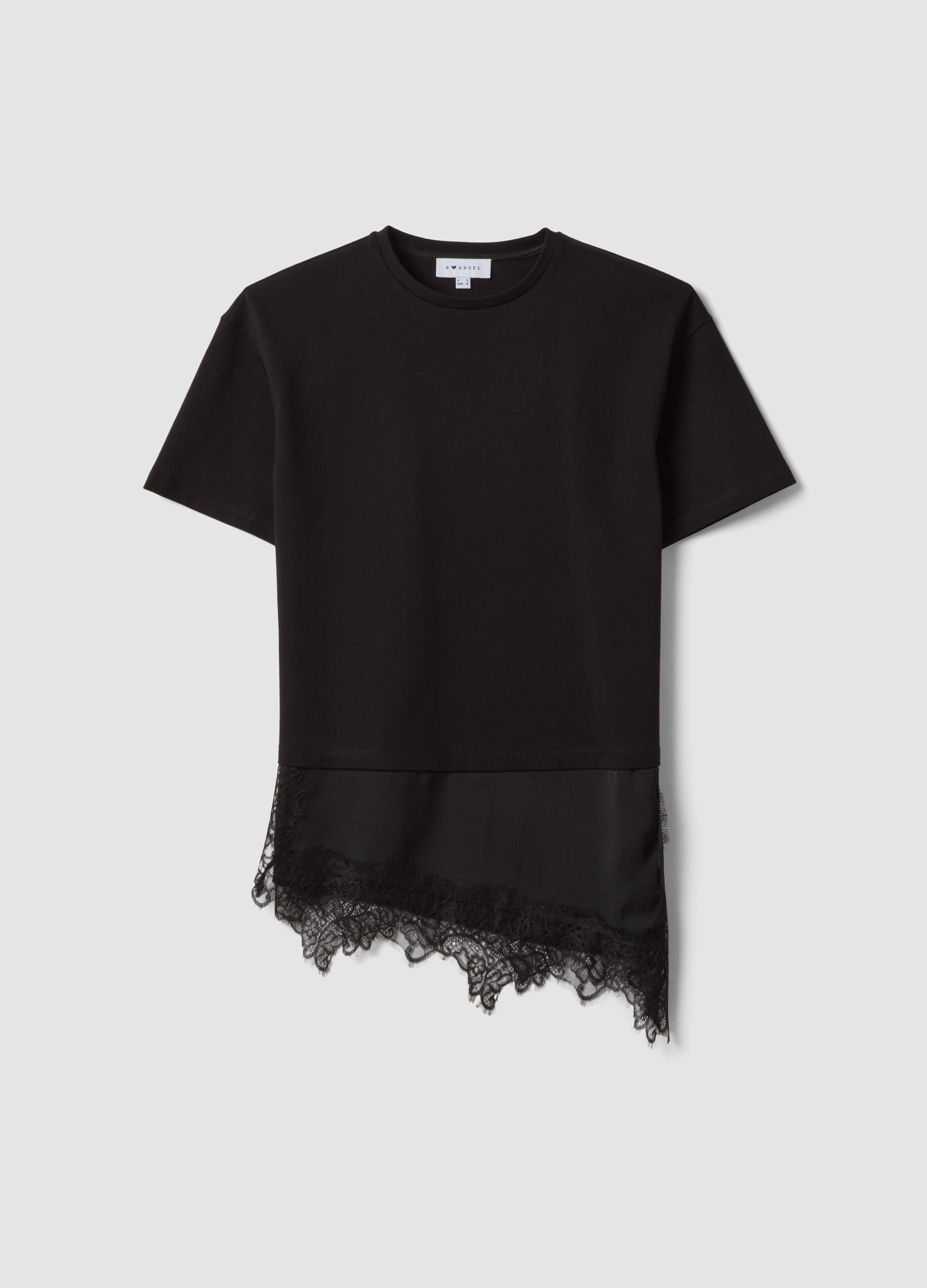 Black pure cotton T-shirt with lace insert, relaxed fit